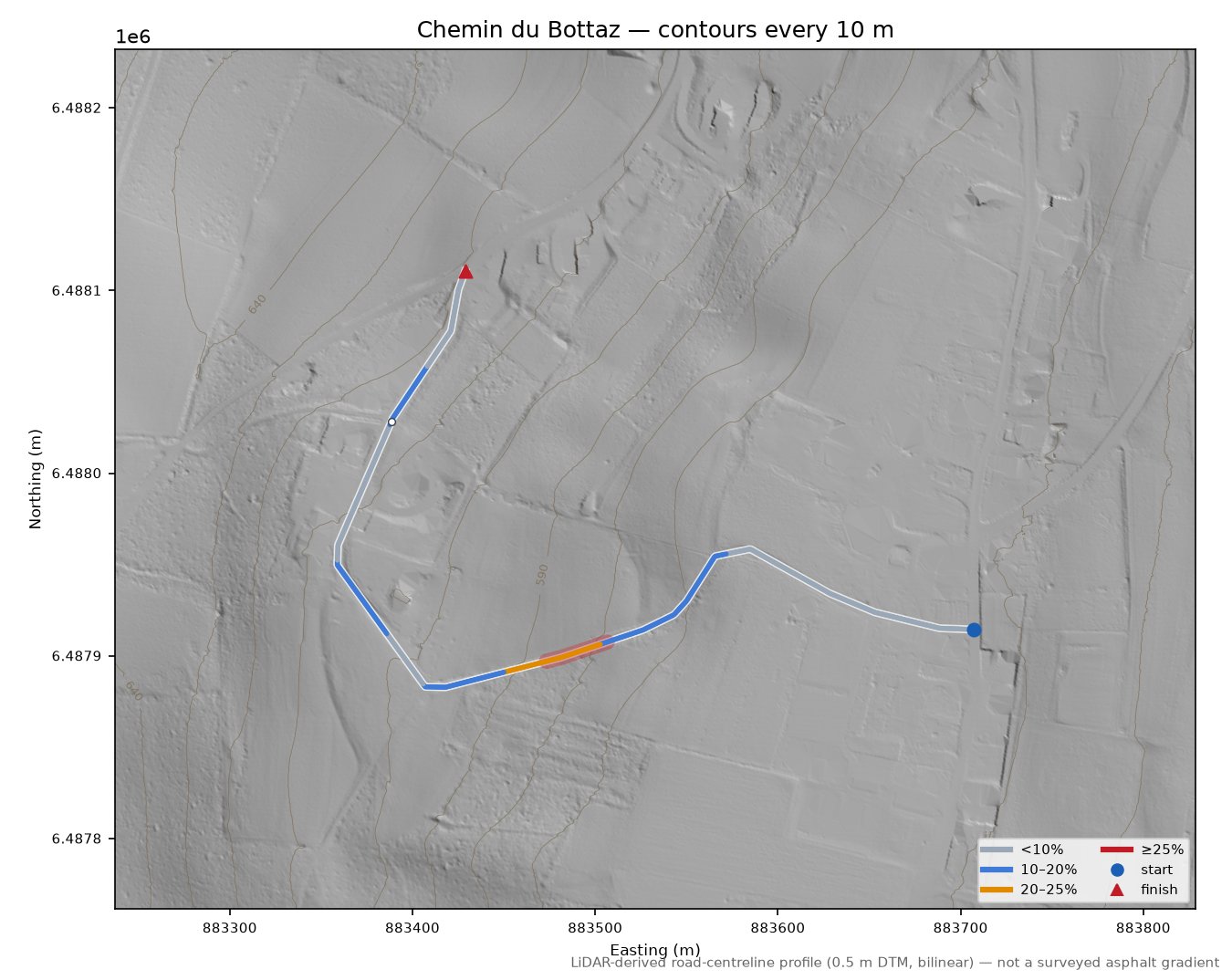 Chemin du Bottaz LiDAR hillshade map with contours
