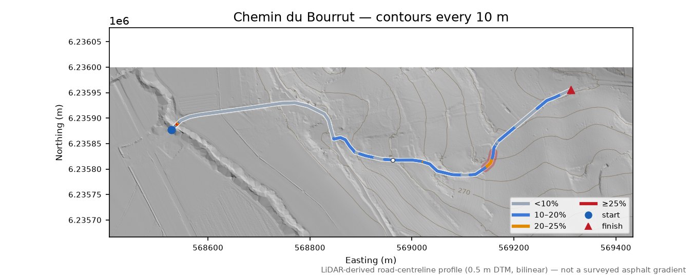 Chemin du Bourrut LiDAR hillshade map with contours