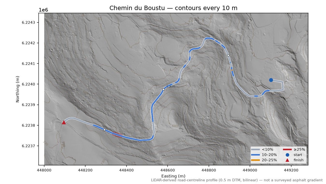 Chemin du Boustu LiDAR hillshade map with contours