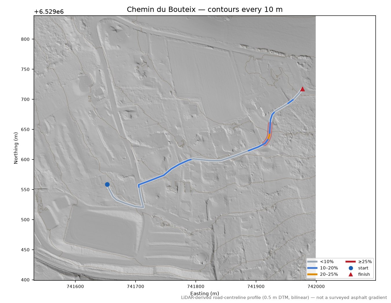 Chemin du Bouteix LiDAR hillshade map with contours