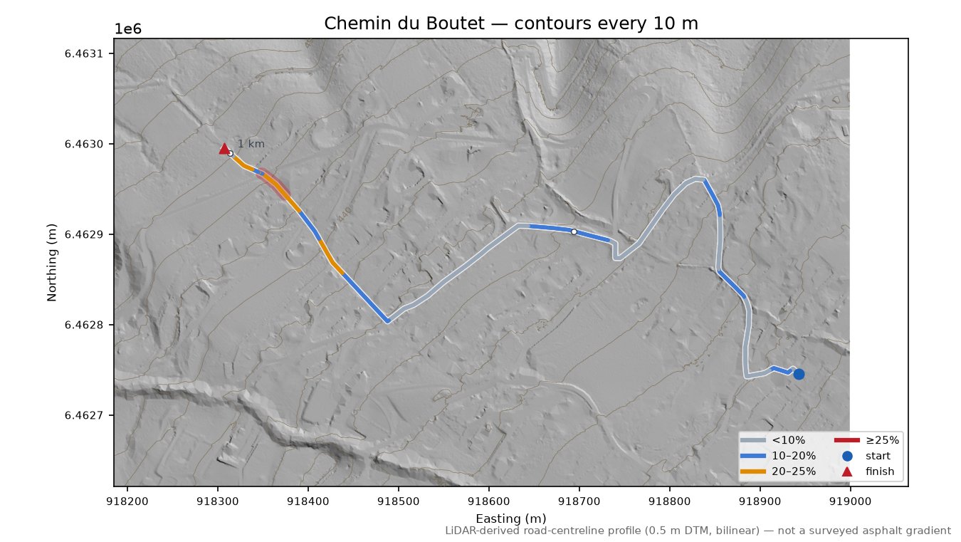 Chemin du Boutet LiDAR hillshade map with contours