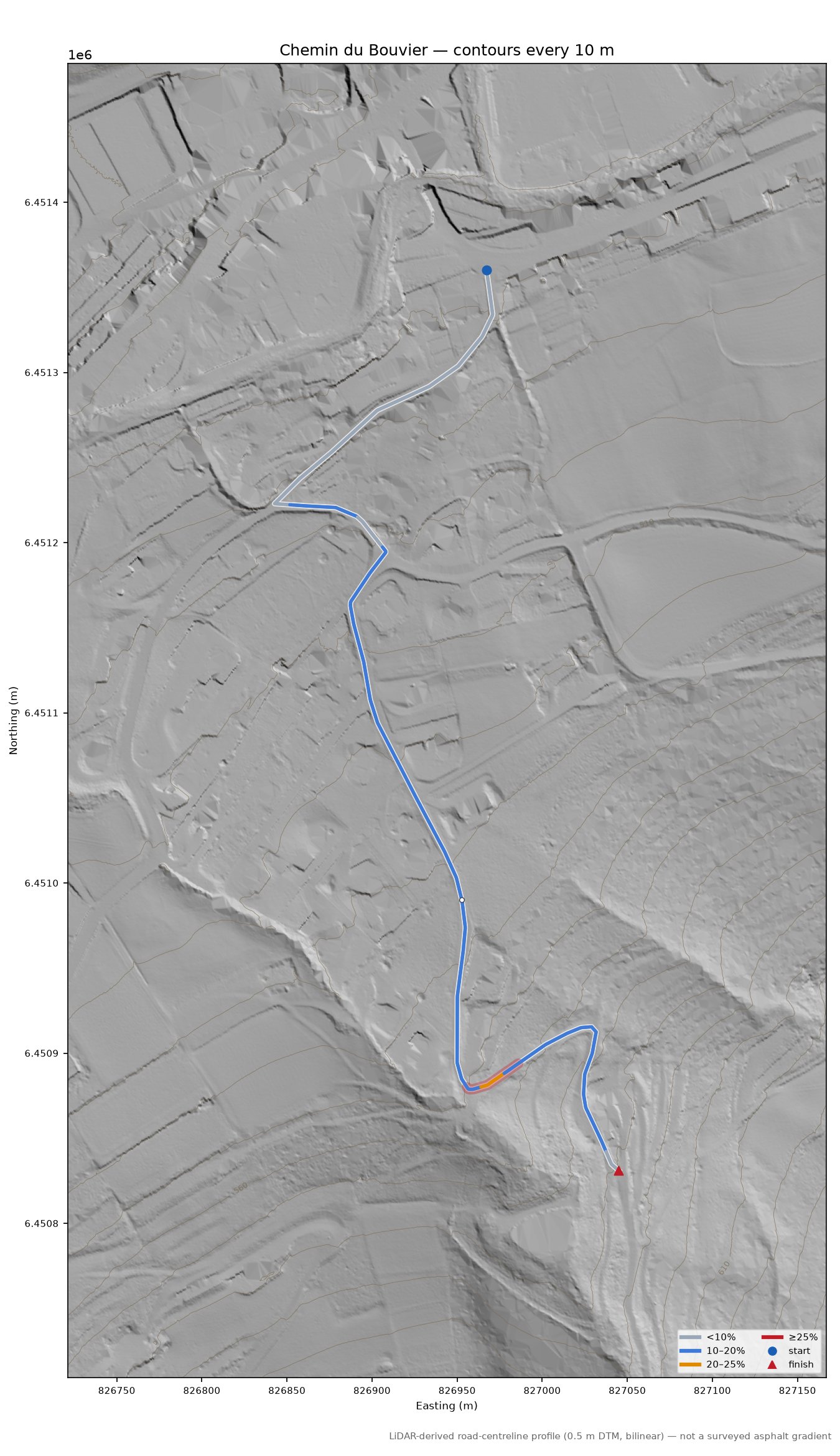 Chemin du Bouvier LiDAR hillshade map with contours