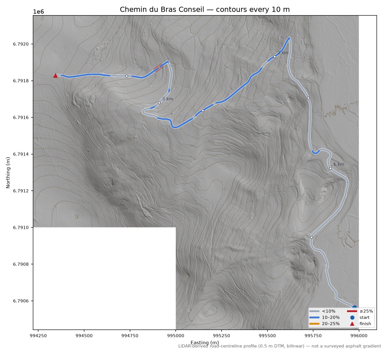 Chemin du Bras Conseil LiDAR hillshade map with contours