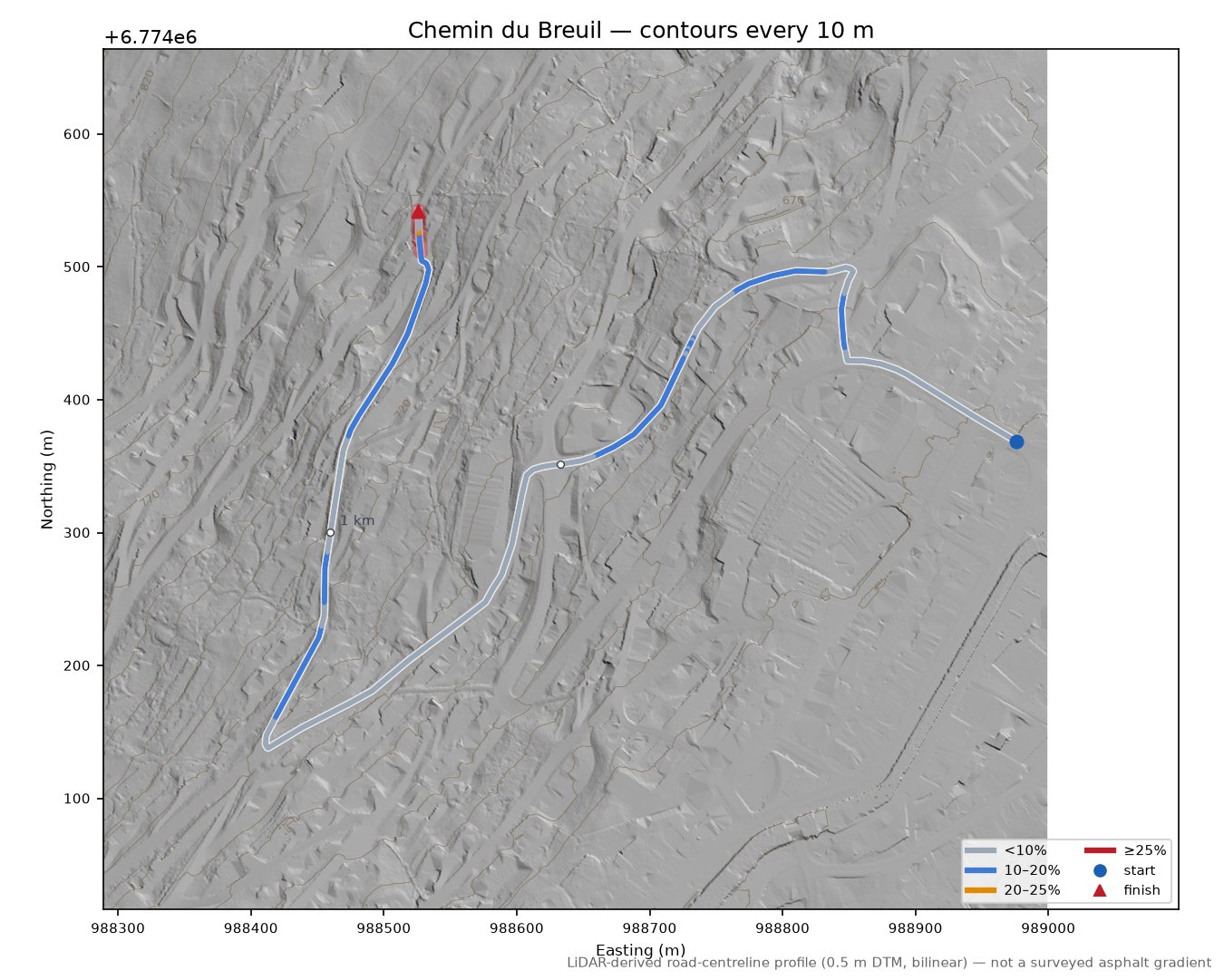 Chemin du Breuil LiDAR hillshade map with contours