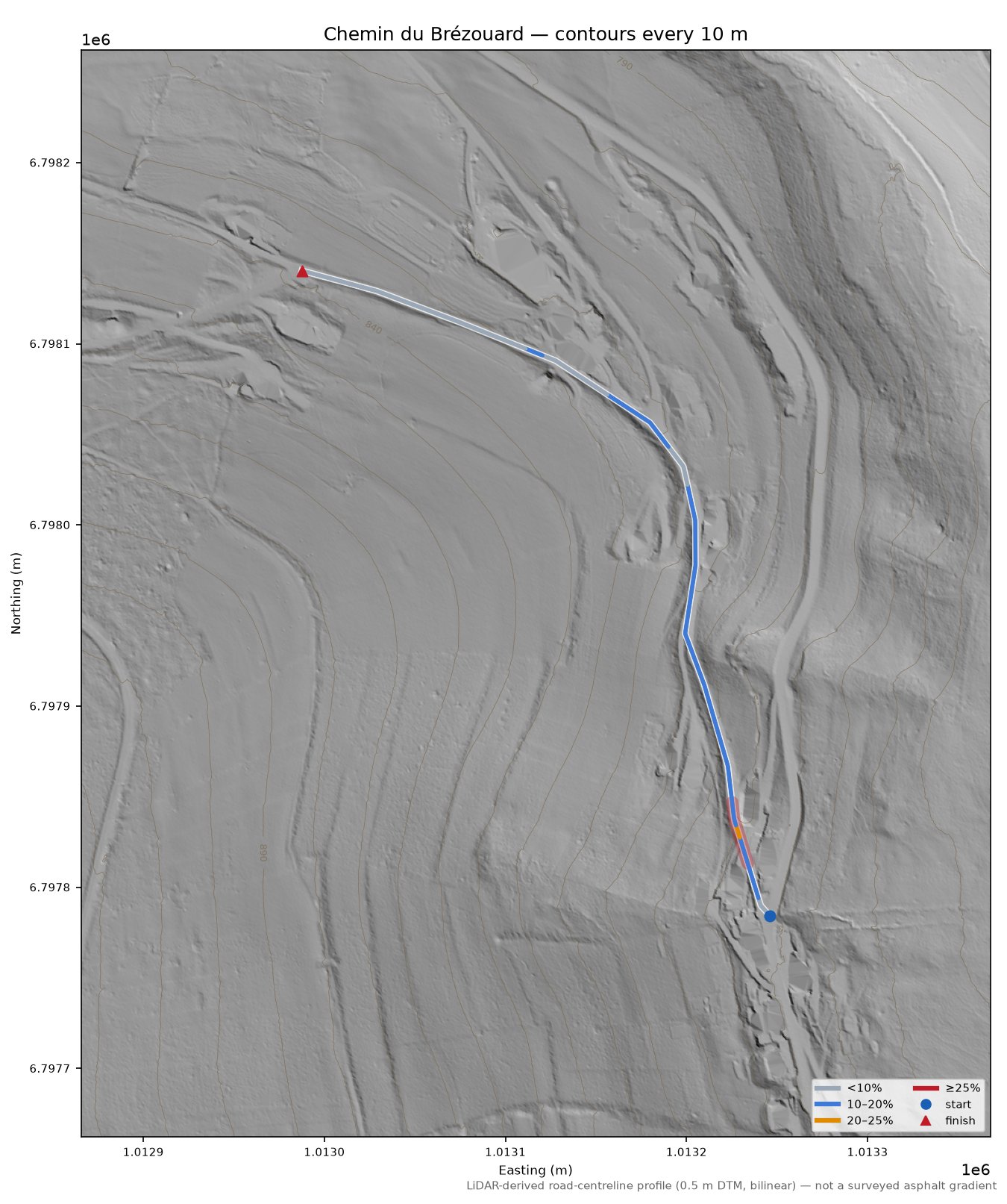 Chemin du Brézouard LiDAR hillshade map with contours
