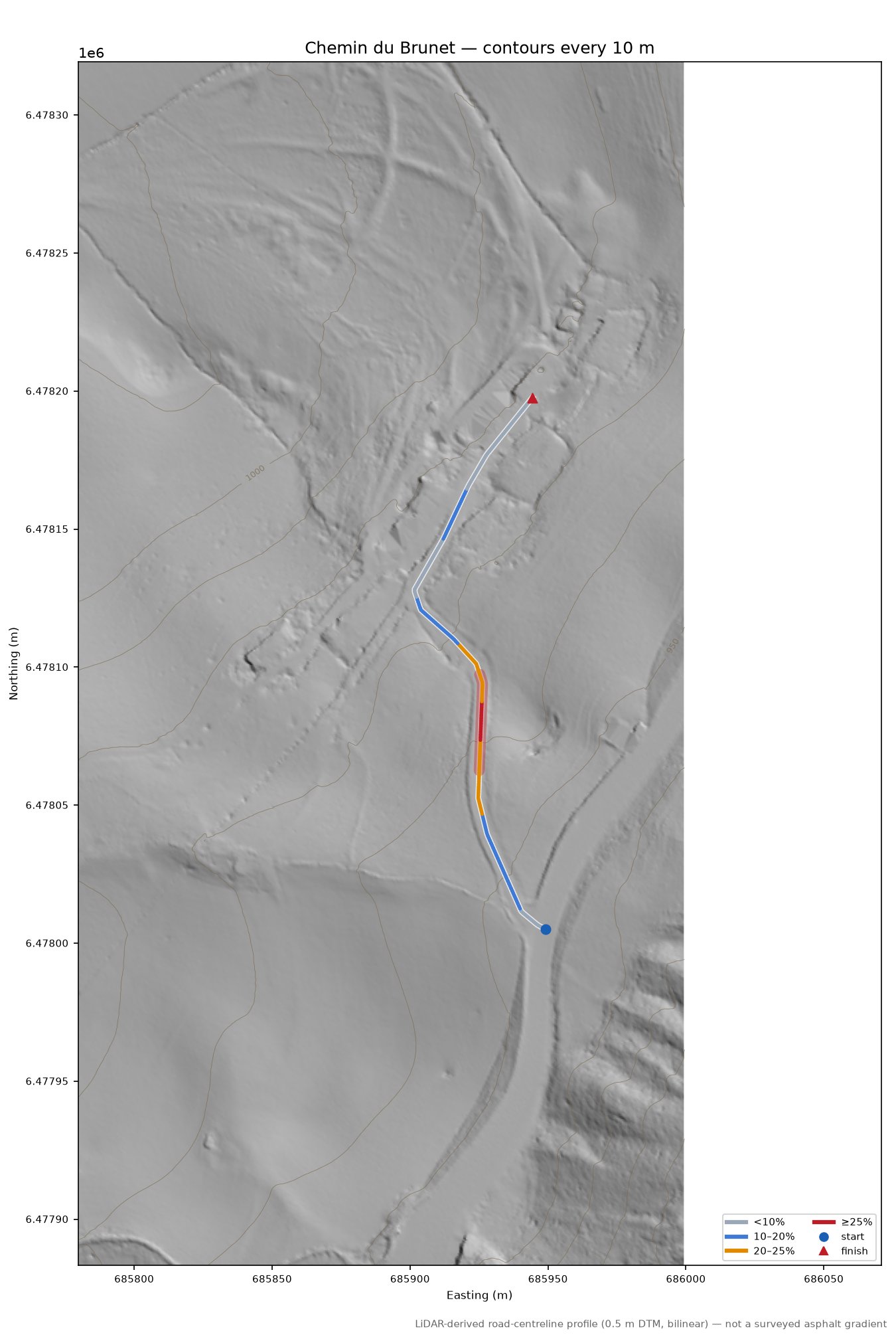 Chemin du Brunet LiDAR hillshade map with contours