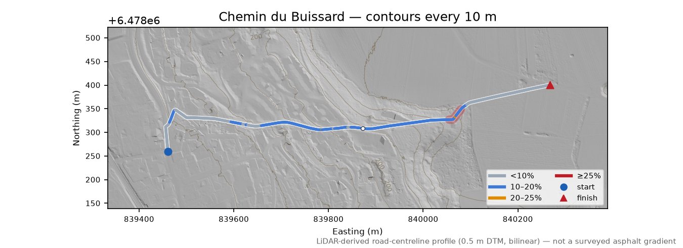 Chemin du Buissard LiDAR hillshade map with contours