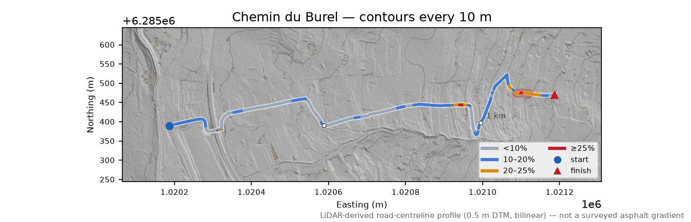 Chemin du Burel LiDAR hillshade map with contours