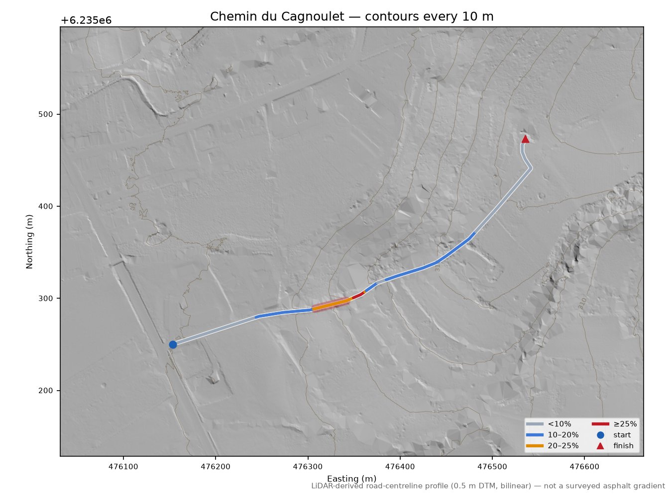Chemin du Cagnoulet LiDAR hillshade map with contours