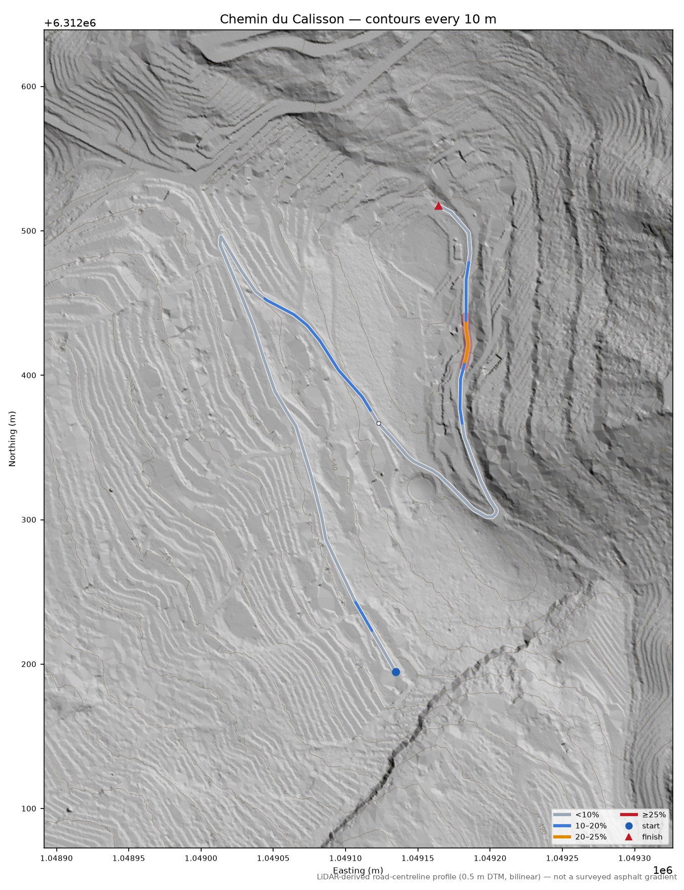 Chemin du Calisson LiDAR hillshade map with contours