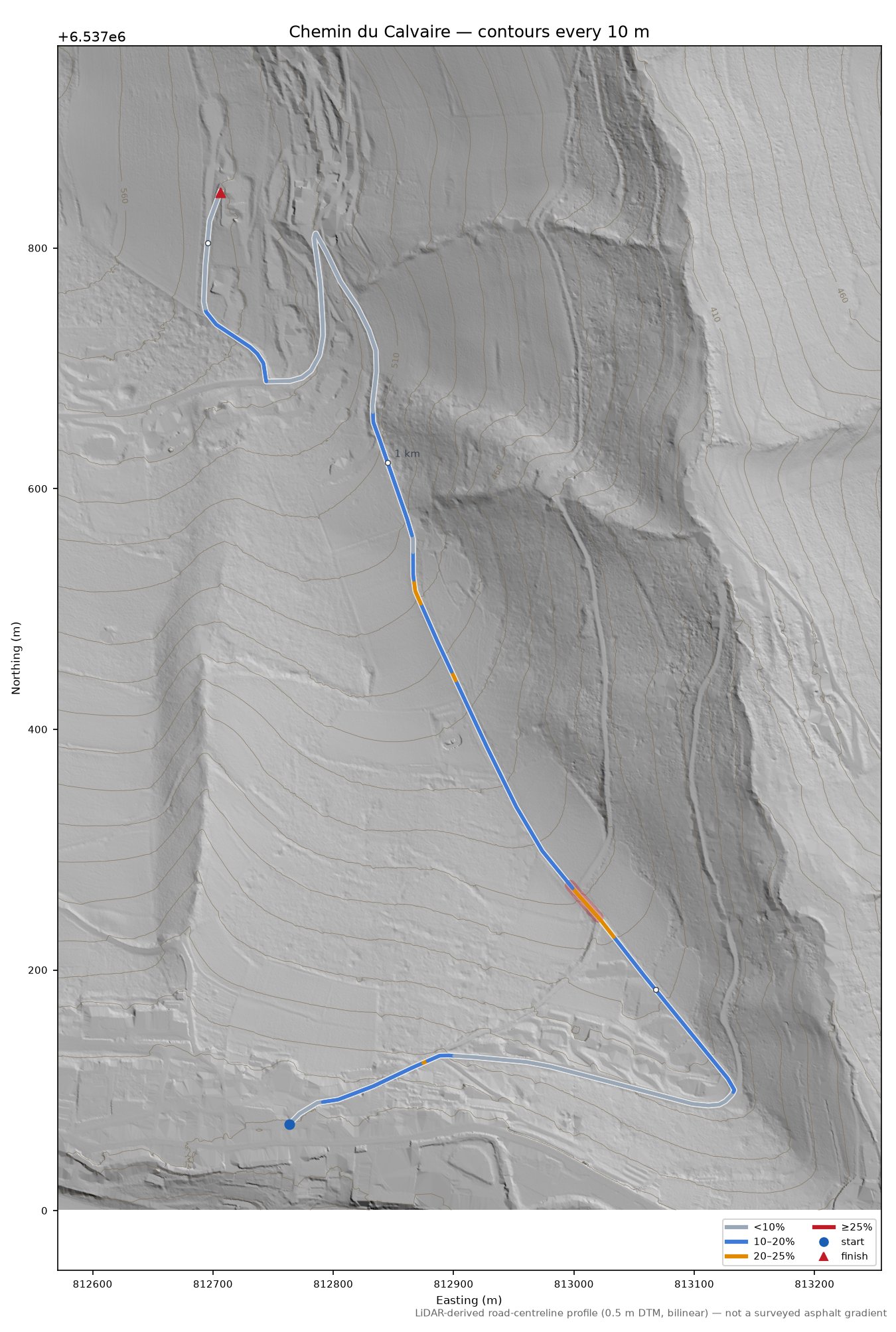 Chemin du Calvaire LiDAR hillshade map with contours