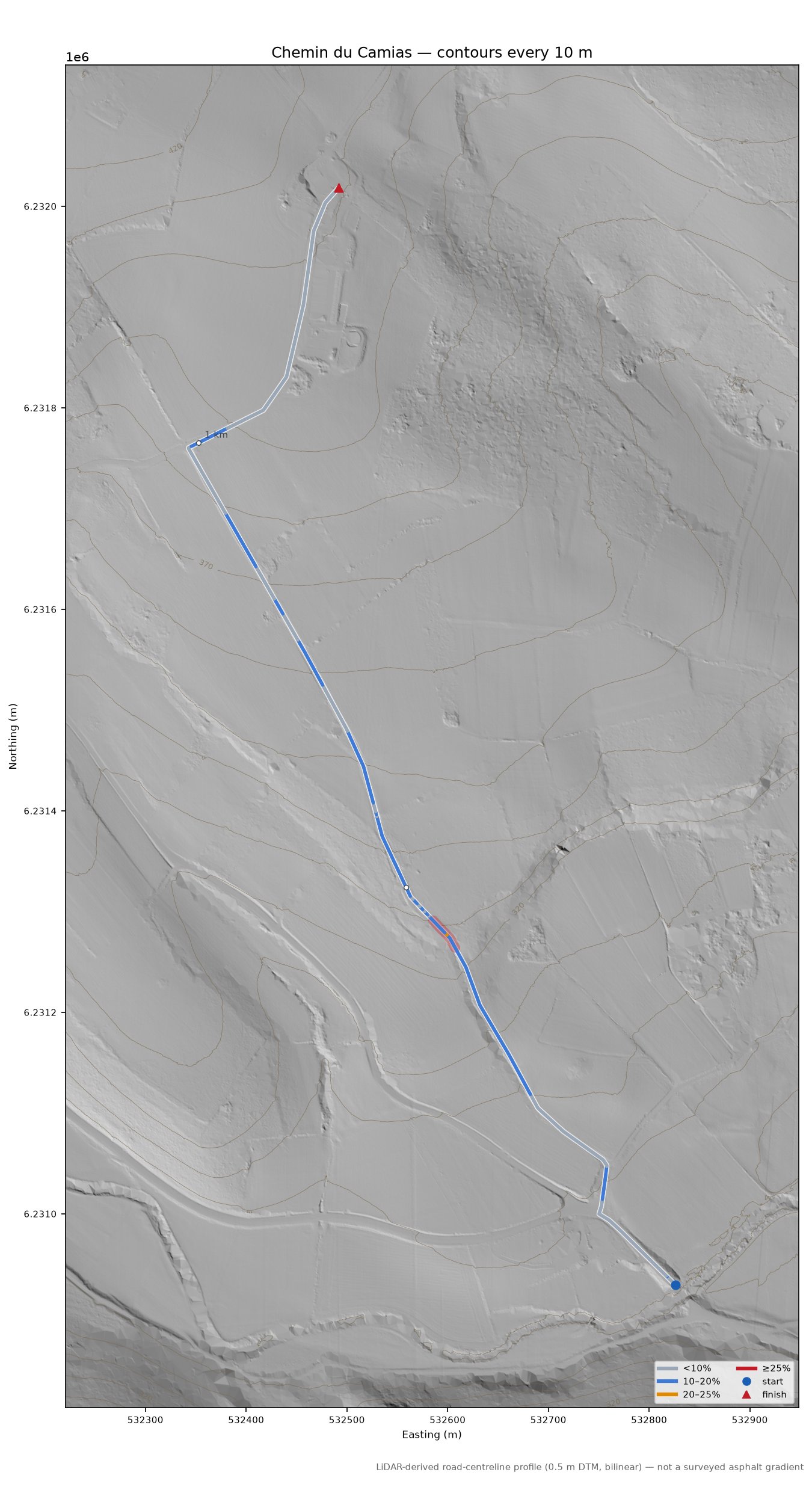 Chemin du Camias LiDAR hillshade map with contours