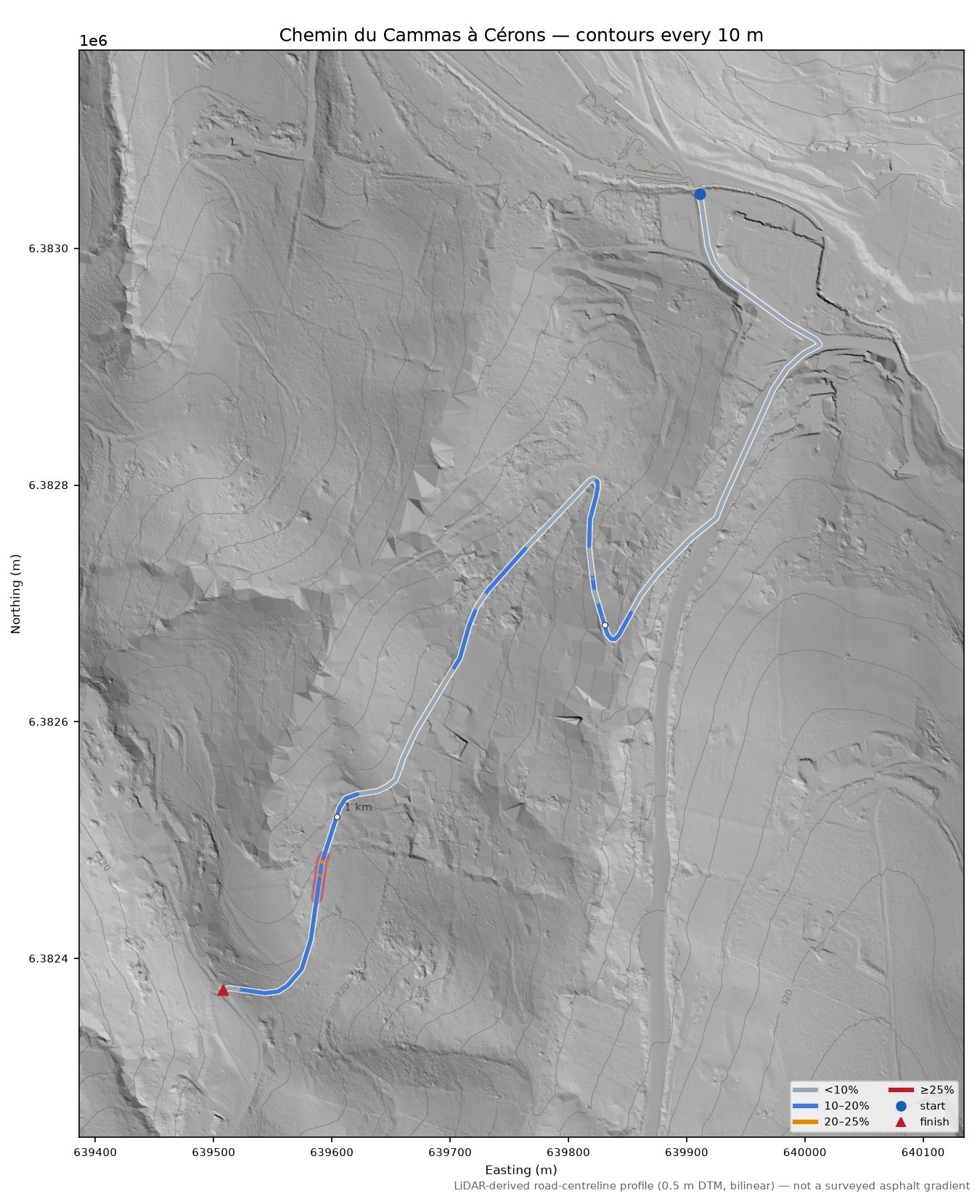 Chemin du Cammas à Cérons LiDAR hillshade map with contours
