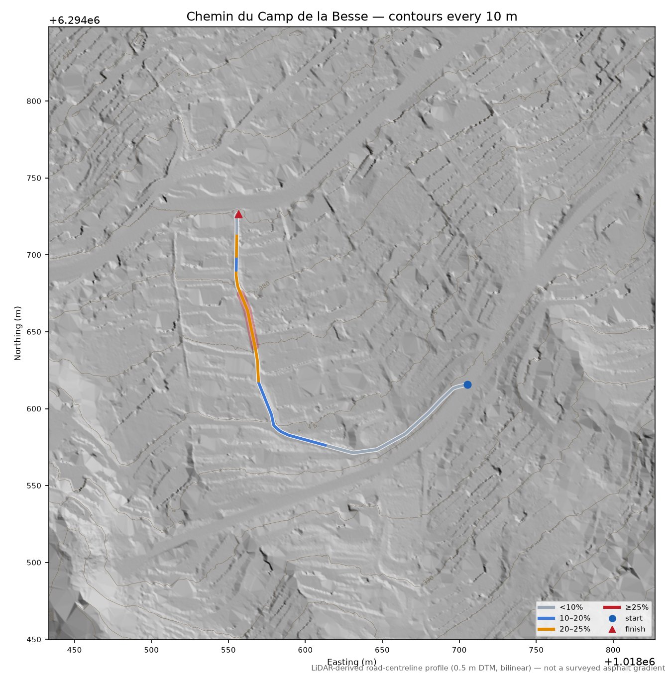 Chemin du Camp de la Besse LiDAR hillshade map with contours