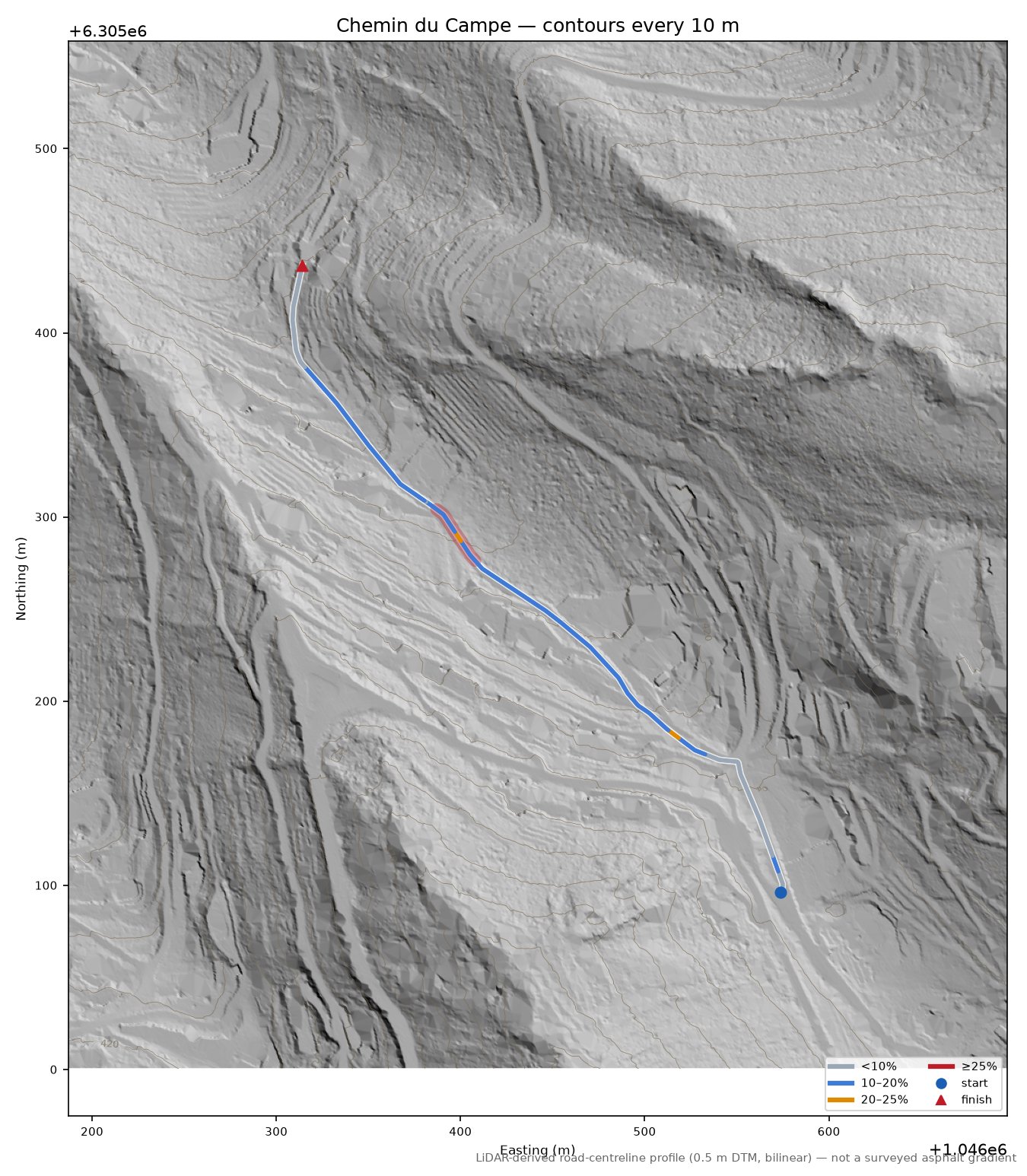 Chemin du Campe LiDAR hillshade map with contours