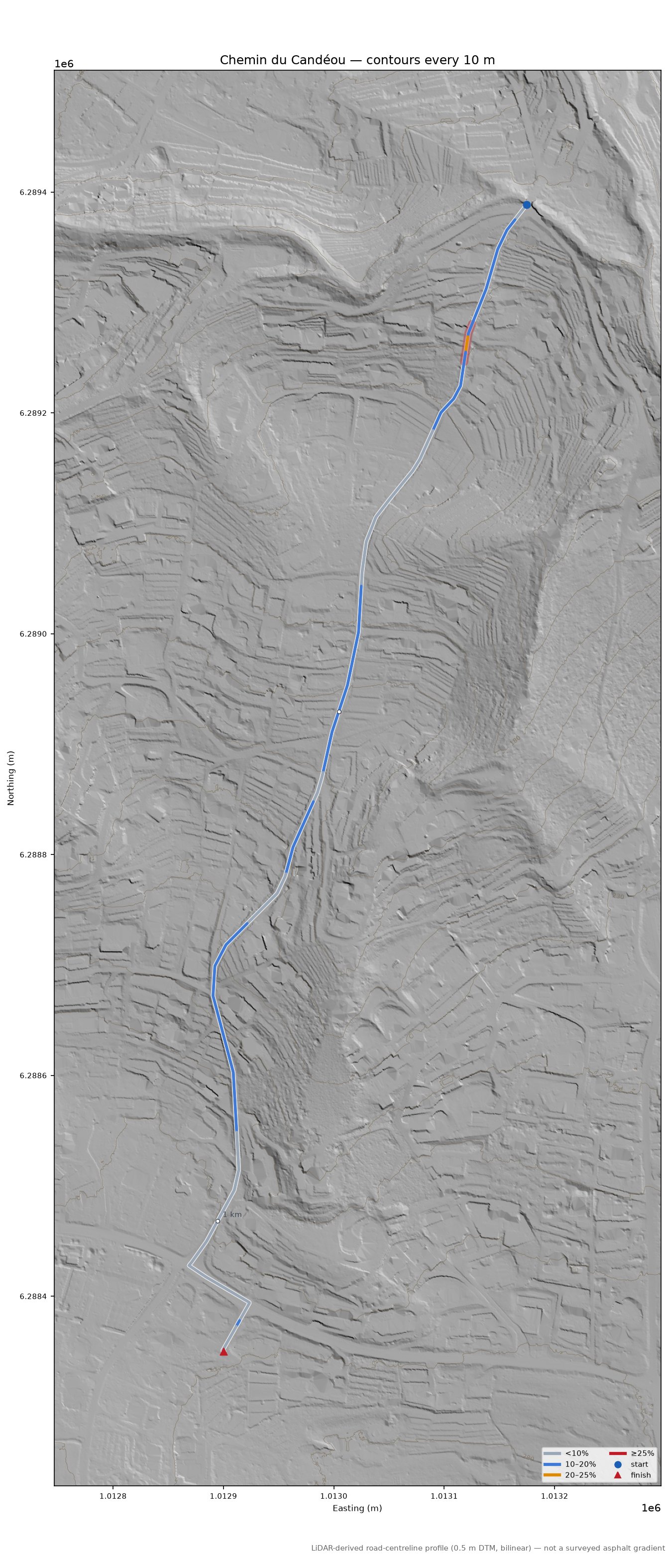Chemin du Candéou LiDAR hillshade map with contours