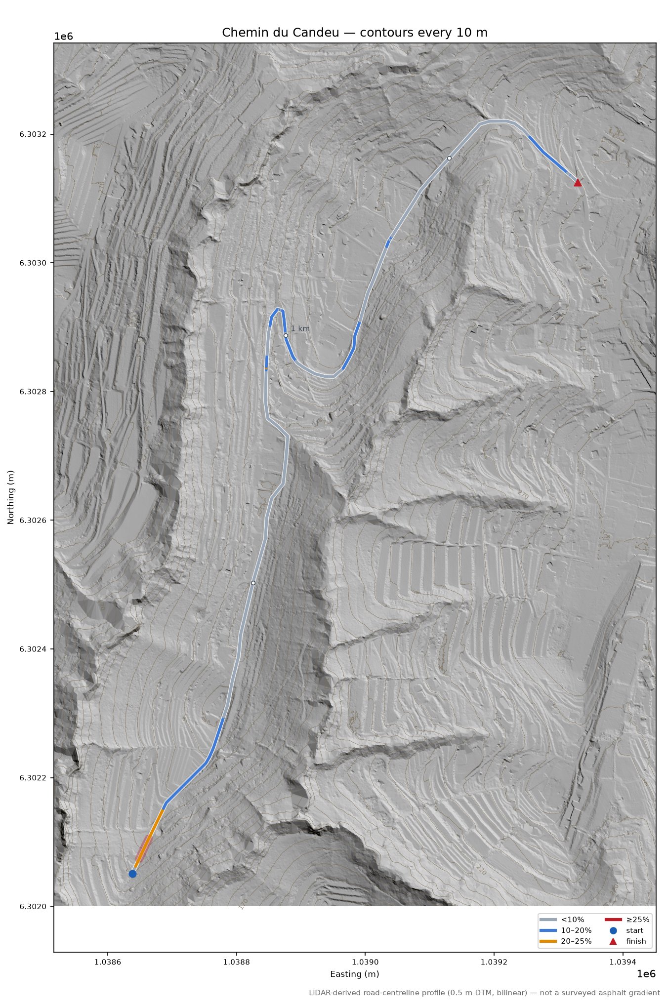 Chemin du Candeu LiDAR hillshade map with contours