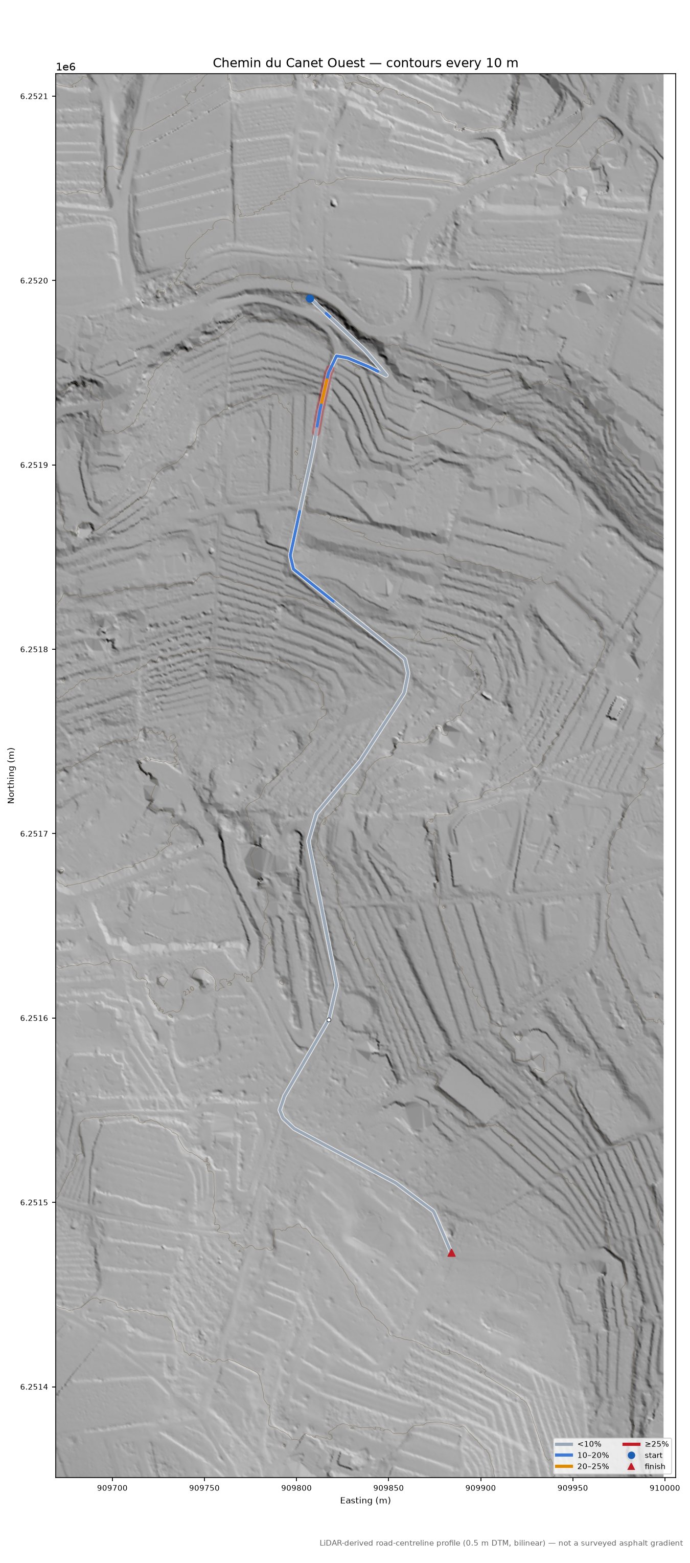 Chemin du Canet Ouest LiDAR hillshade map with contours