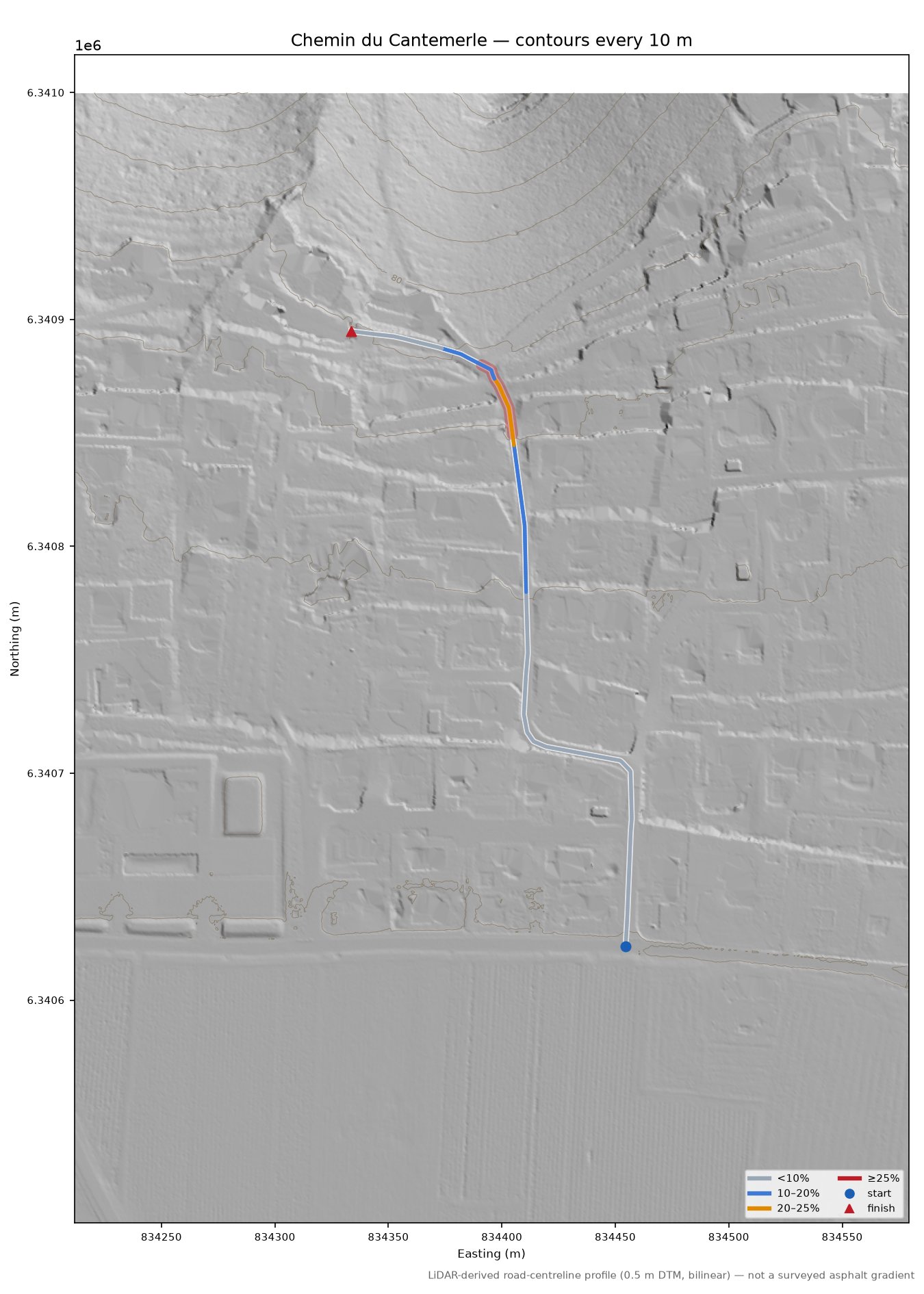 Chemin du Cantemerle LiDAR hillshade map with contours