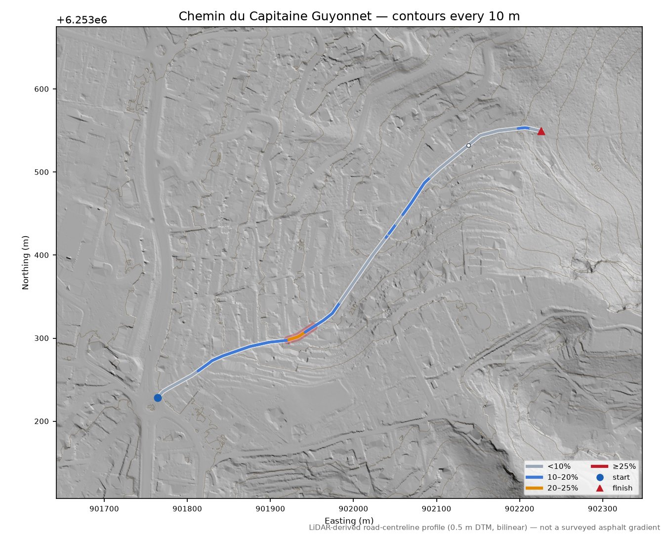 Chemin du Capitaine Guyonnet LiDAR hillshade map with contours