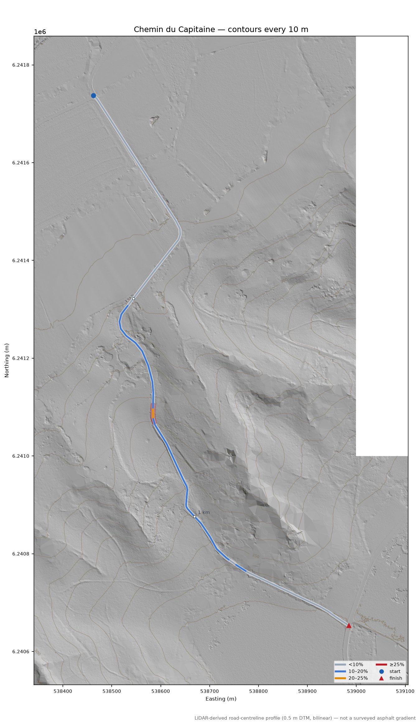 Chemin du Capitaine LiDAR hillshade map with contours