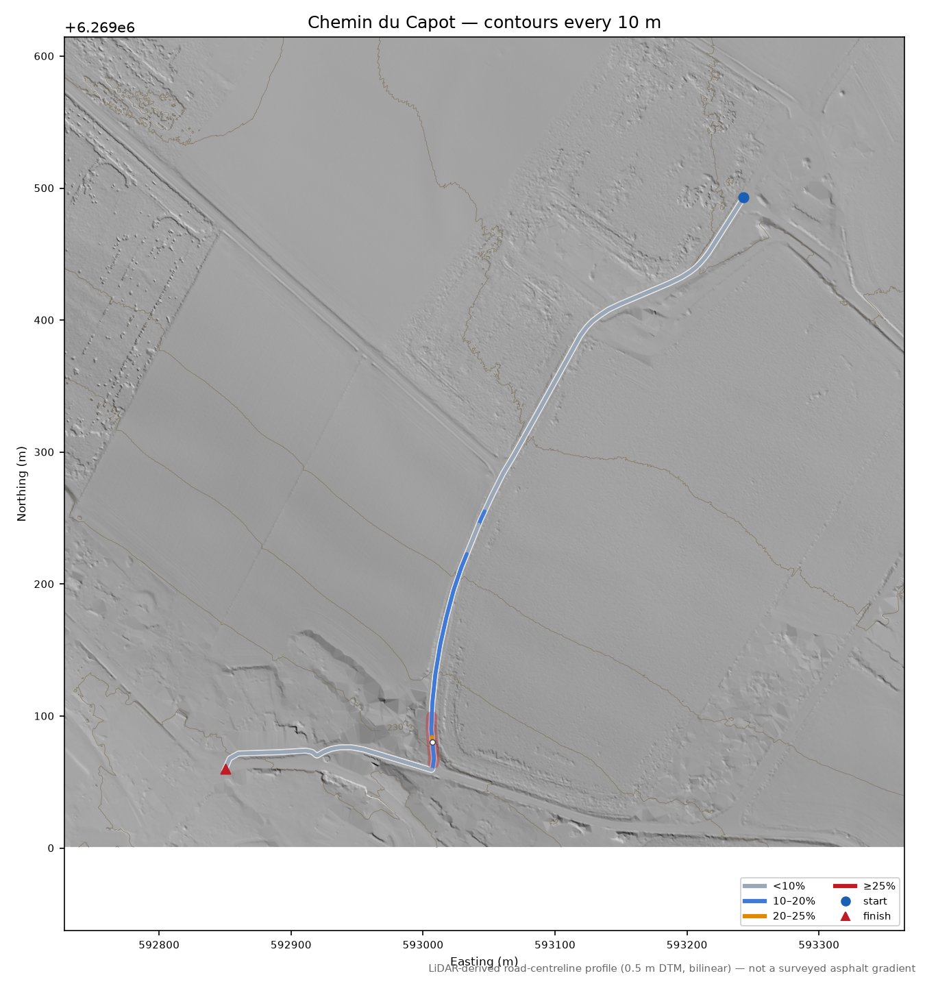 Chemin du Capot LiDAR hillshade map with contours