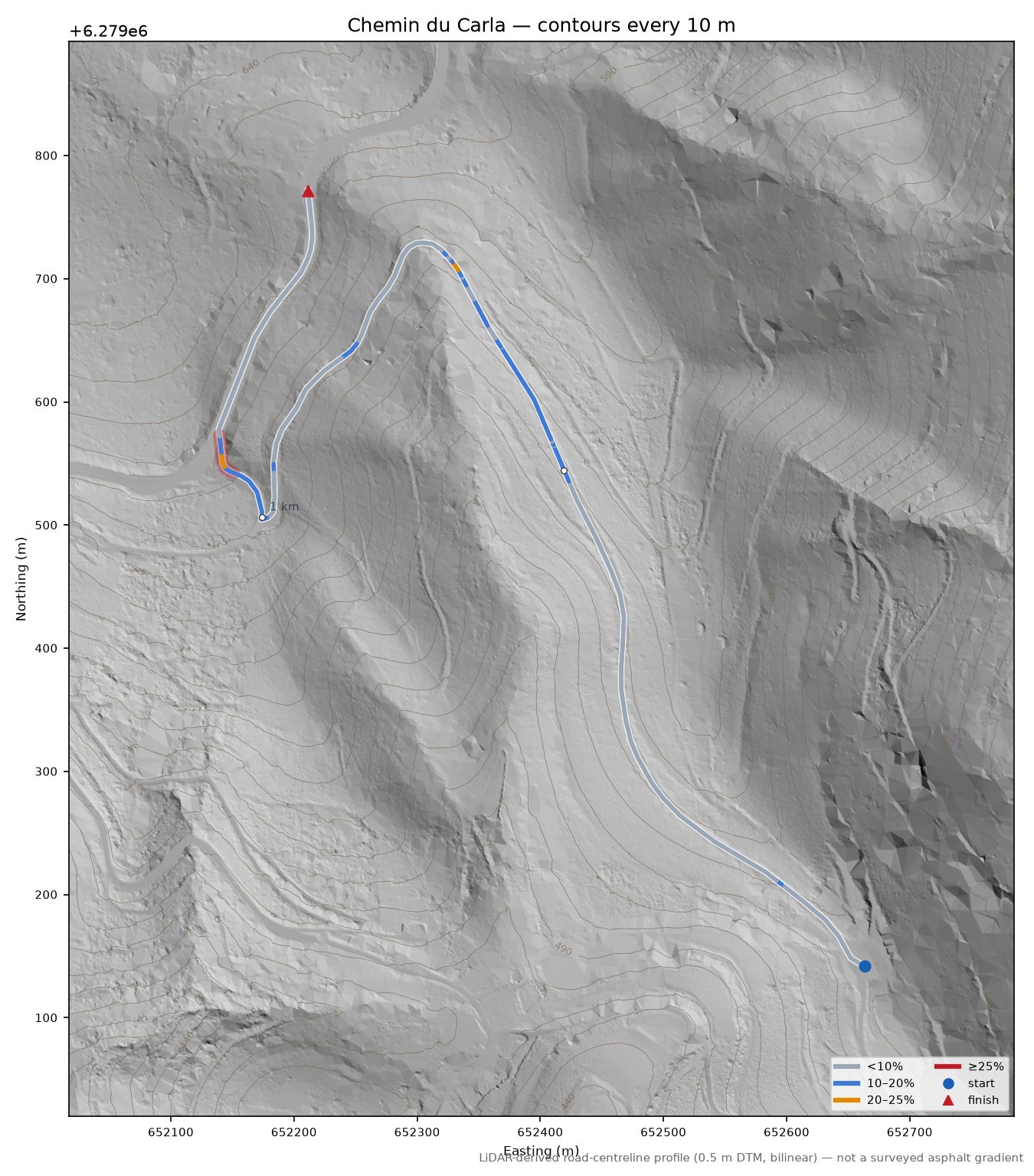 Chemin du Carla LiDAR hillshade map with contours