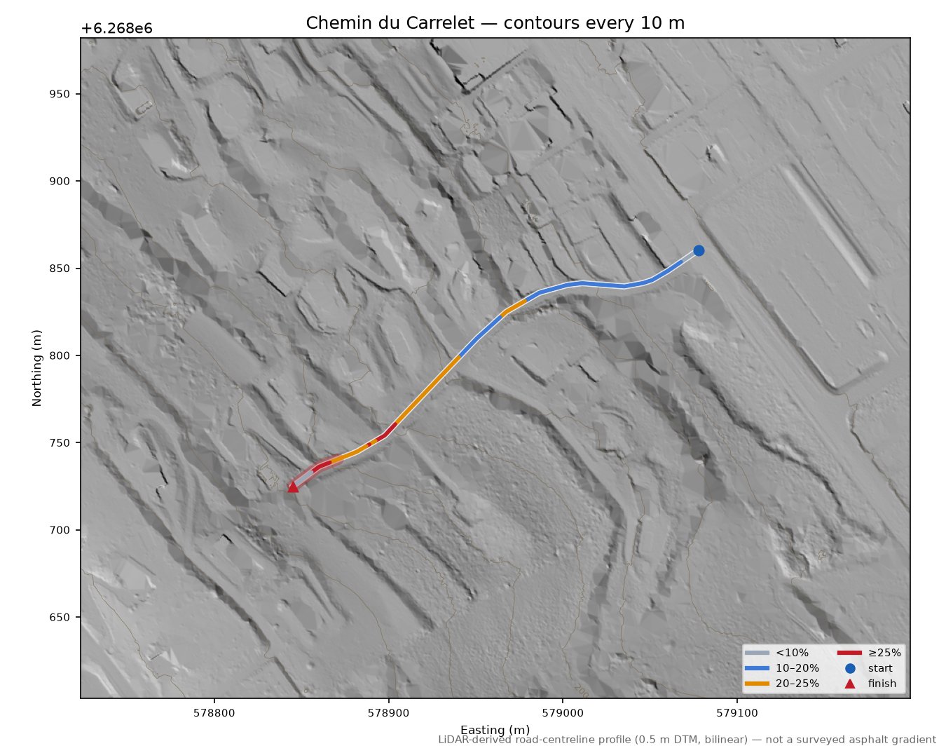 Chemin du Carrelet LiDAR hillshade map with contours