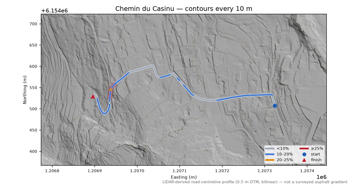 Chemin du Casinu LiDAR hillshade map with contours