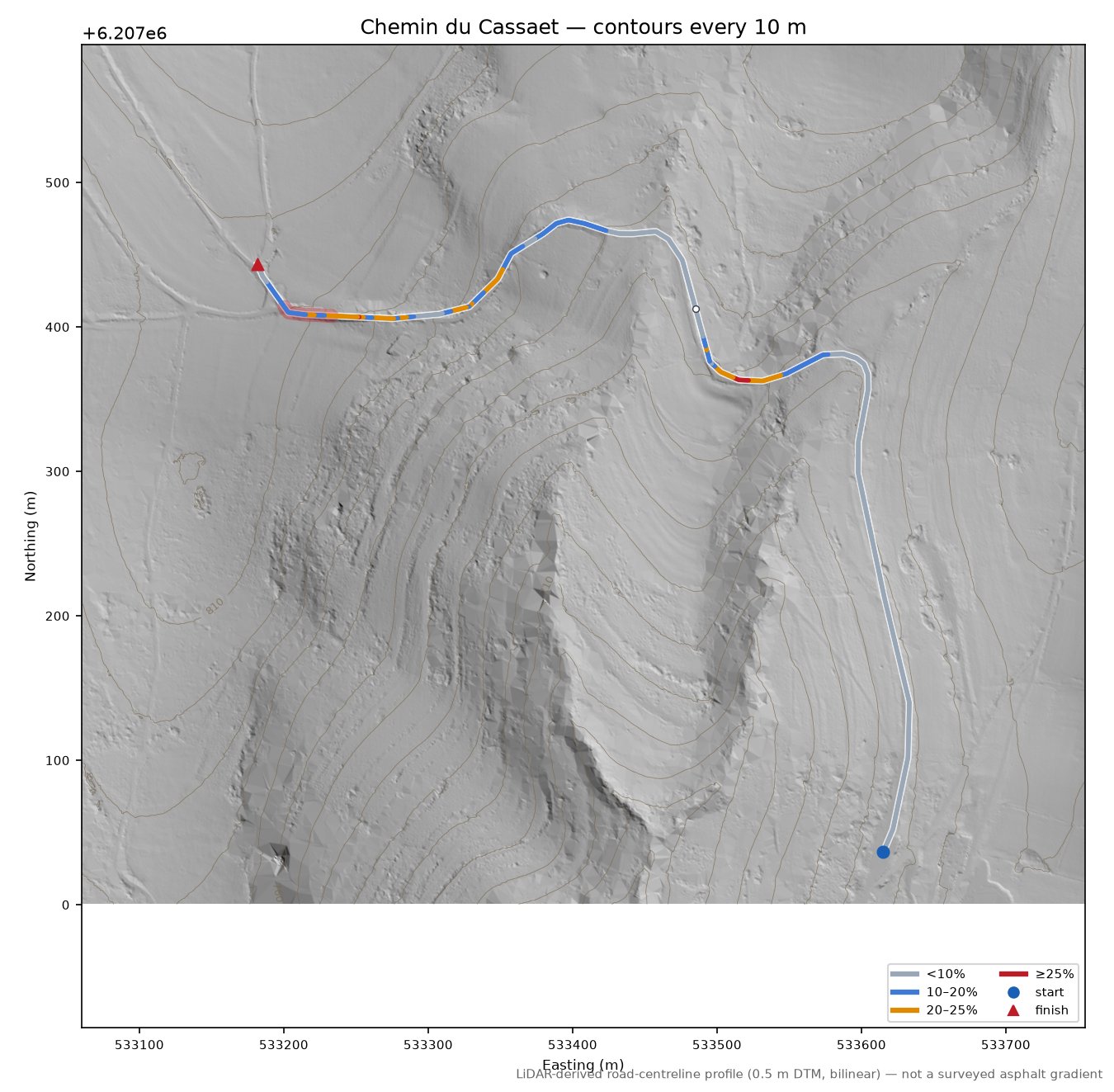 Chemin du Cassaet LiDAR hillshade map with contours