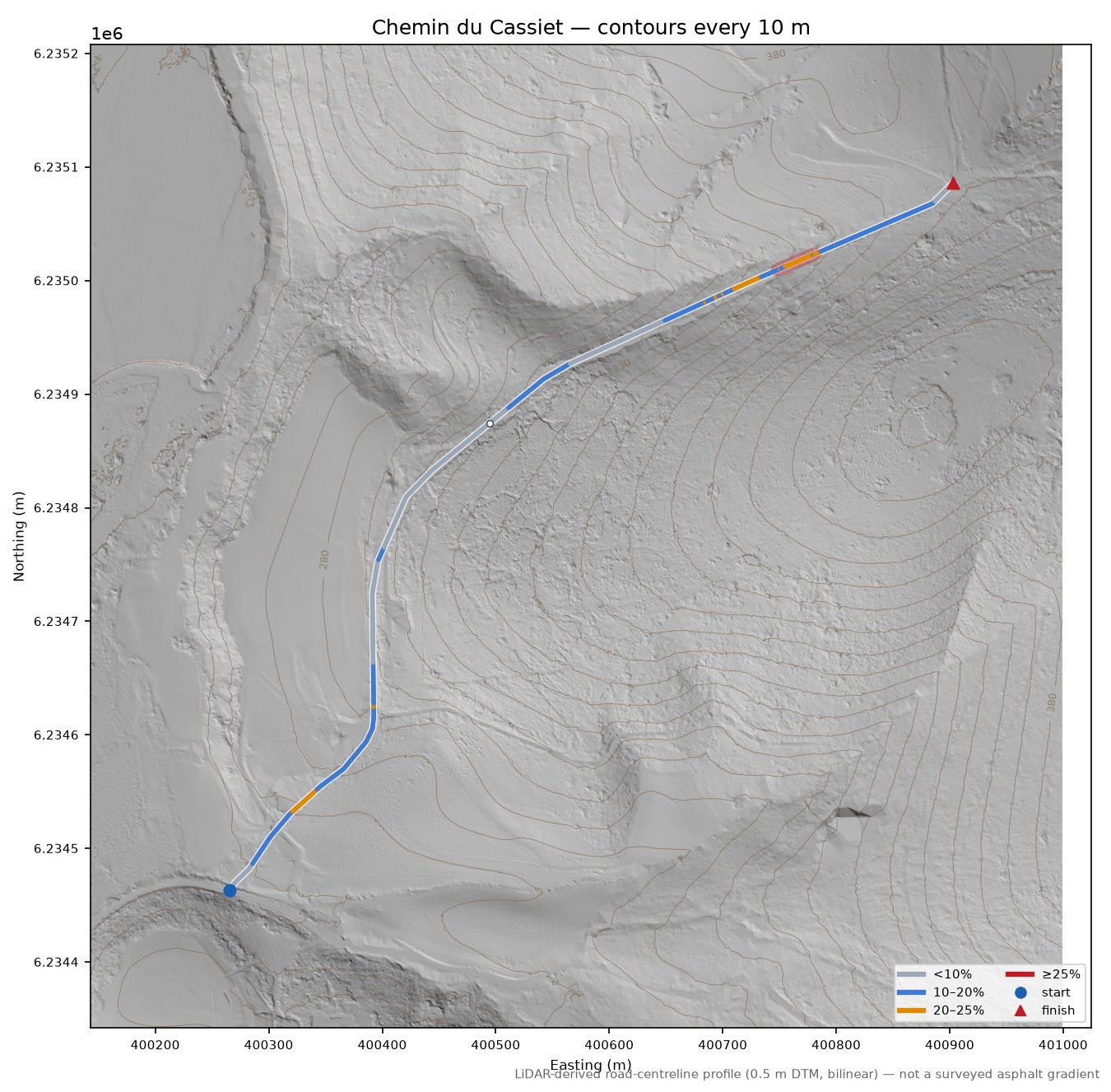 Chemin du Cassiet LiDAR hillshade map with contours