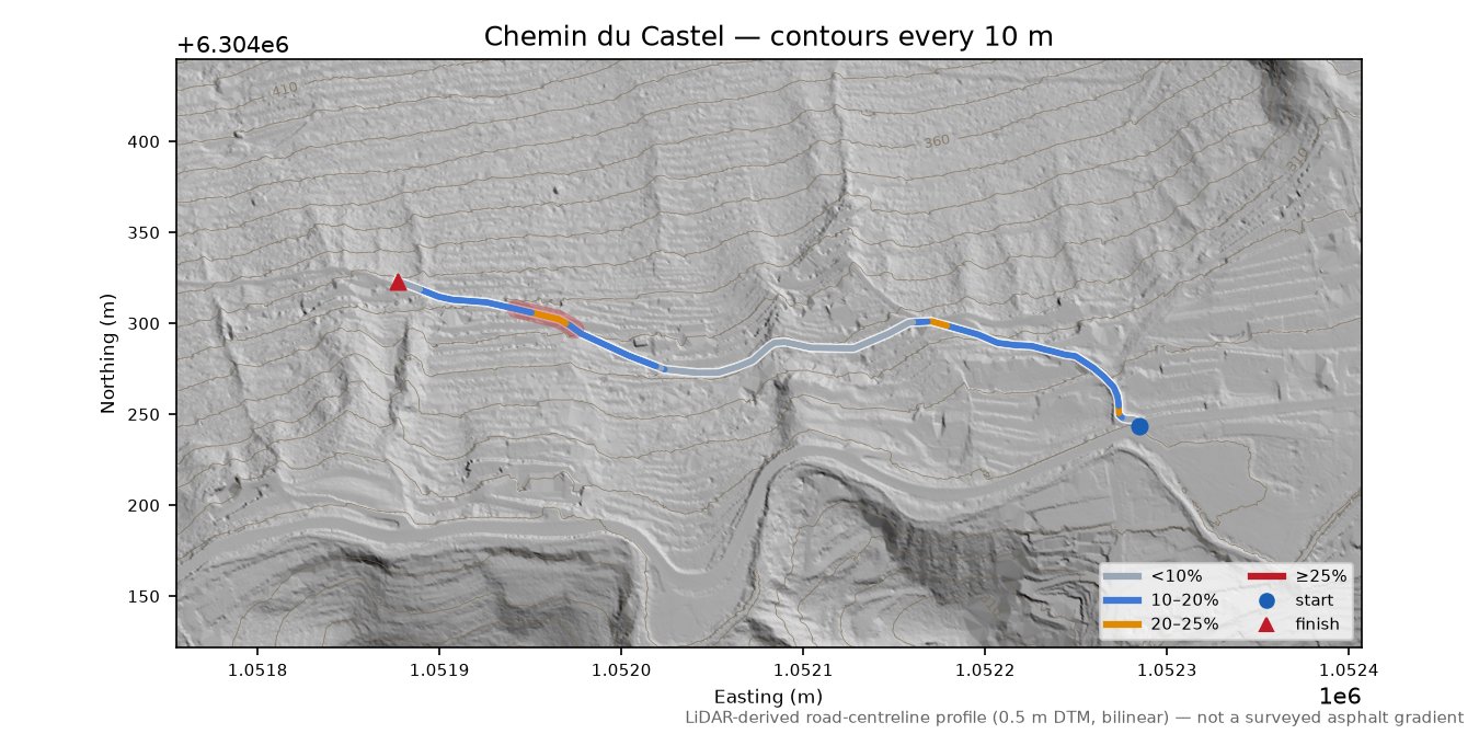 Chemin du Castel LiDAR hillshade map with contours