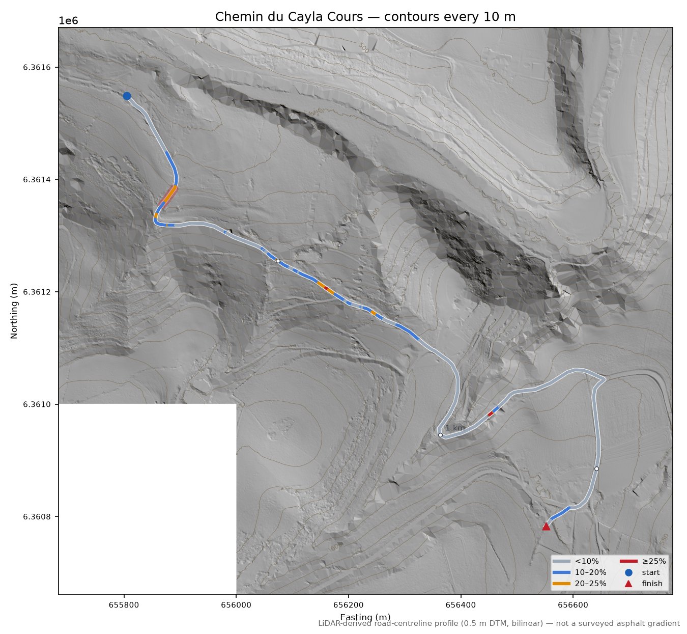 Chemin du Cayla Cours LiDAR hillshade map with contours