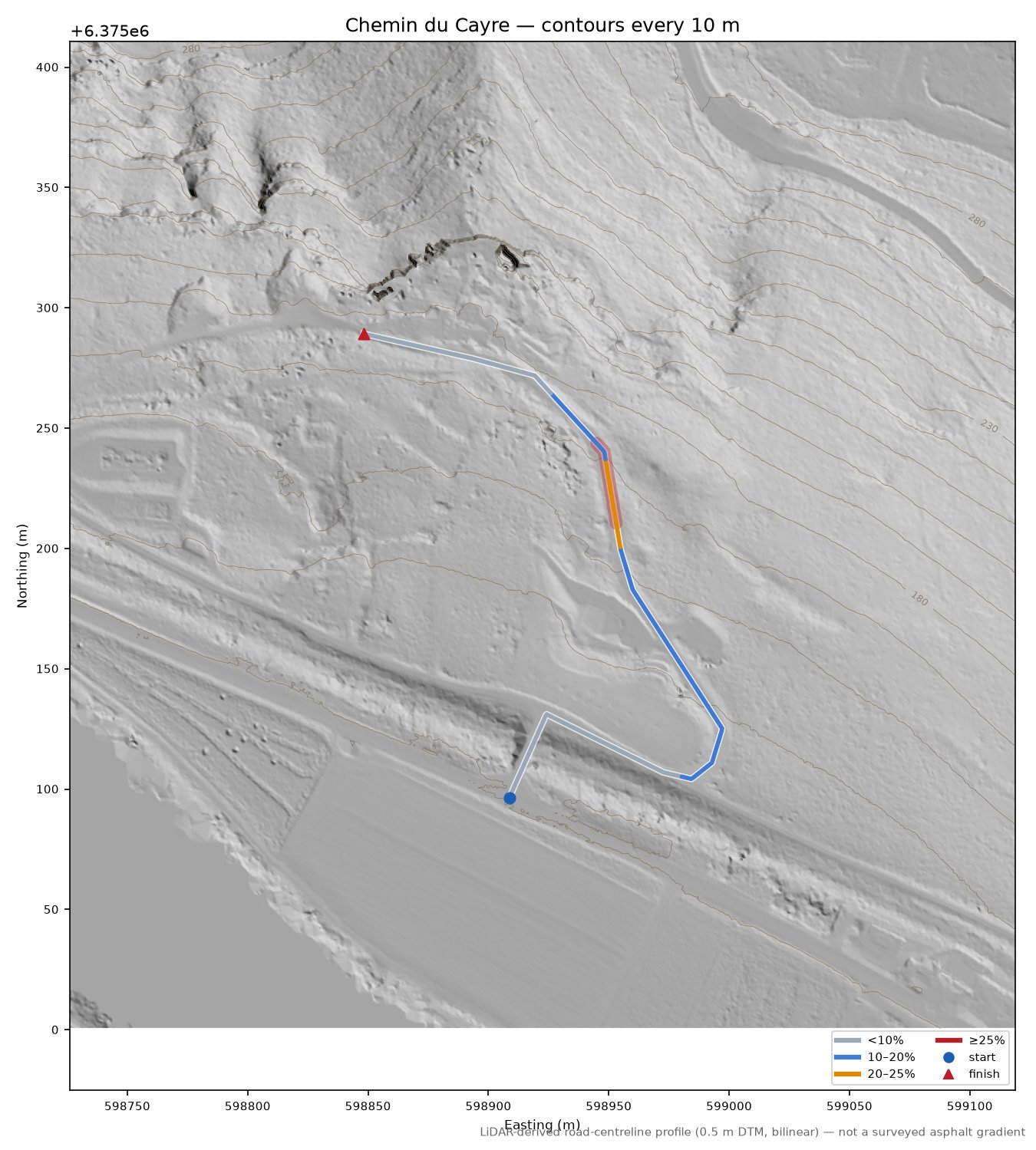 Chemin du Cayre LiDAR hillshade map with contours