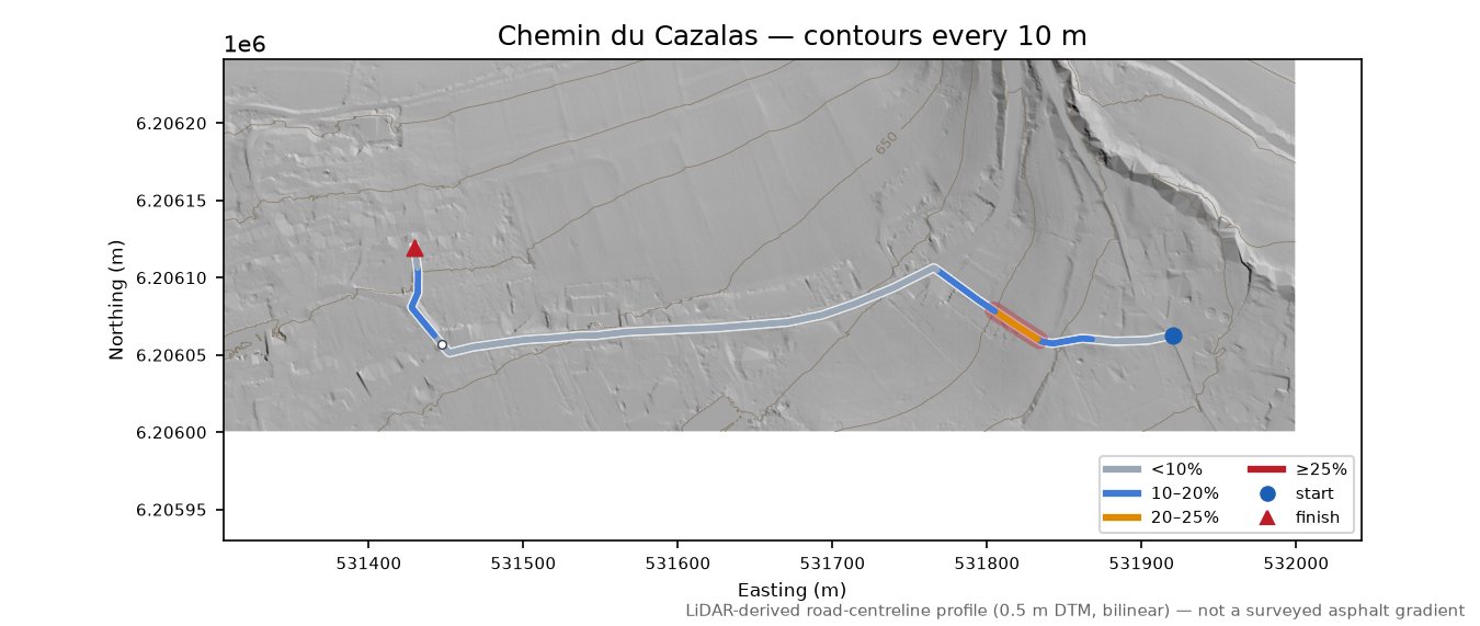 Chemin du Cazalas LiDAR hillshade map with contours