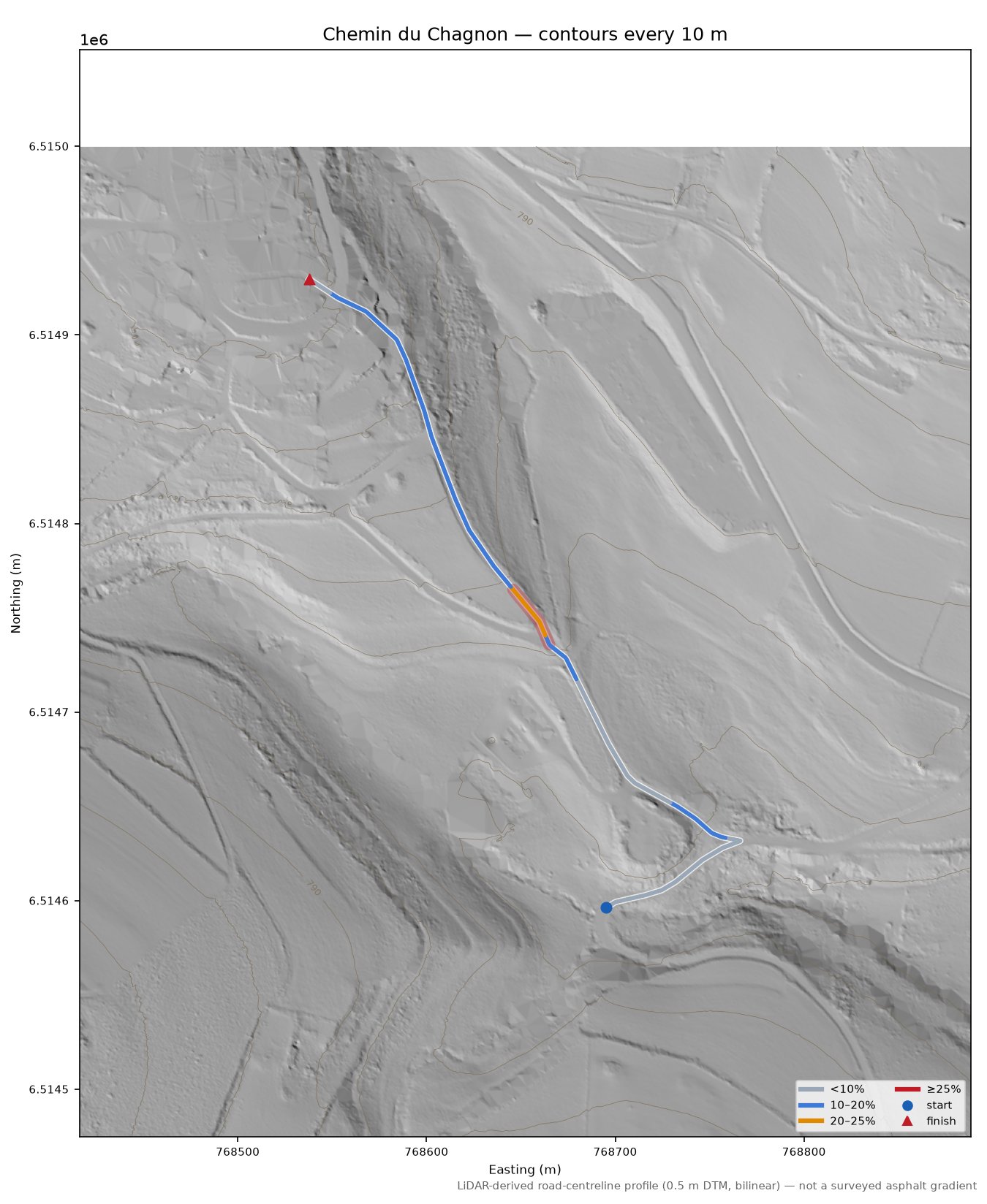 Chemin du Chagnon LiDAR hillshade map with contours