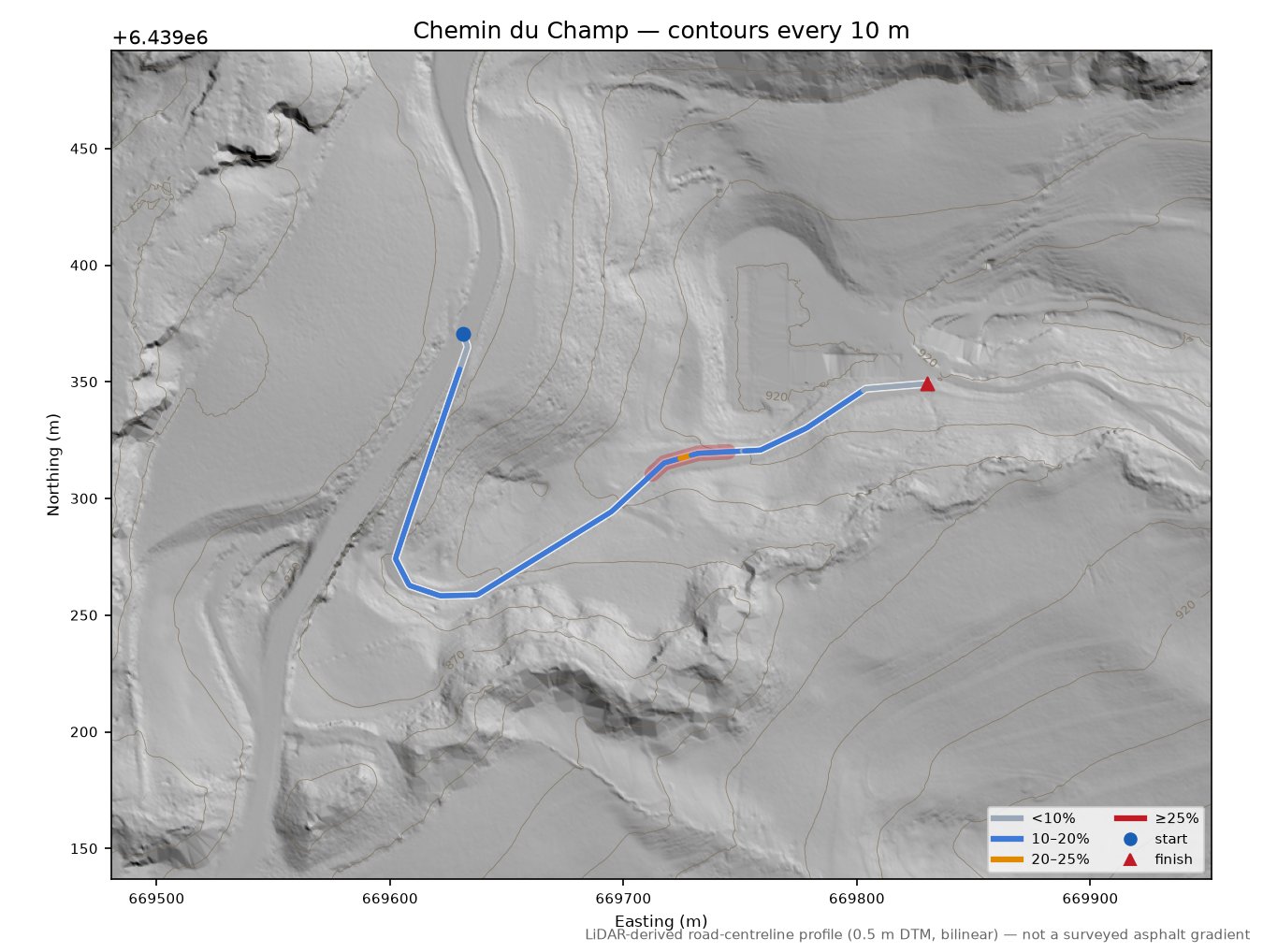 Chemin du Champ LiDAR hillshade map with contours
