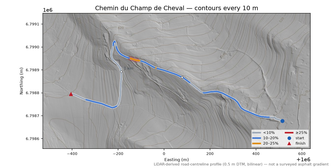 Chemin du Champ de Cheval LiDAR hillshade map with contours