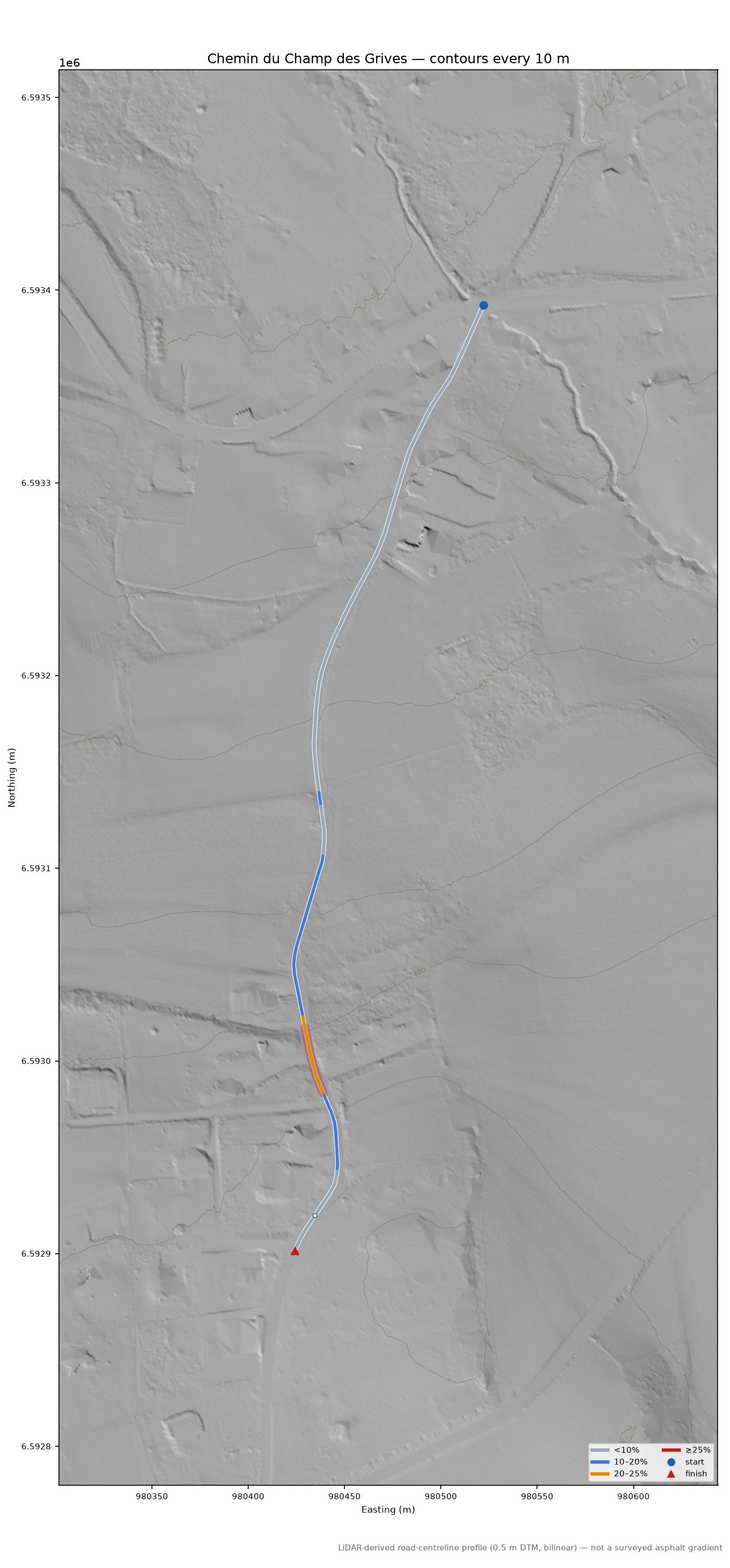 Chemin du Champ des Grives LiDAR hillshade map with contours