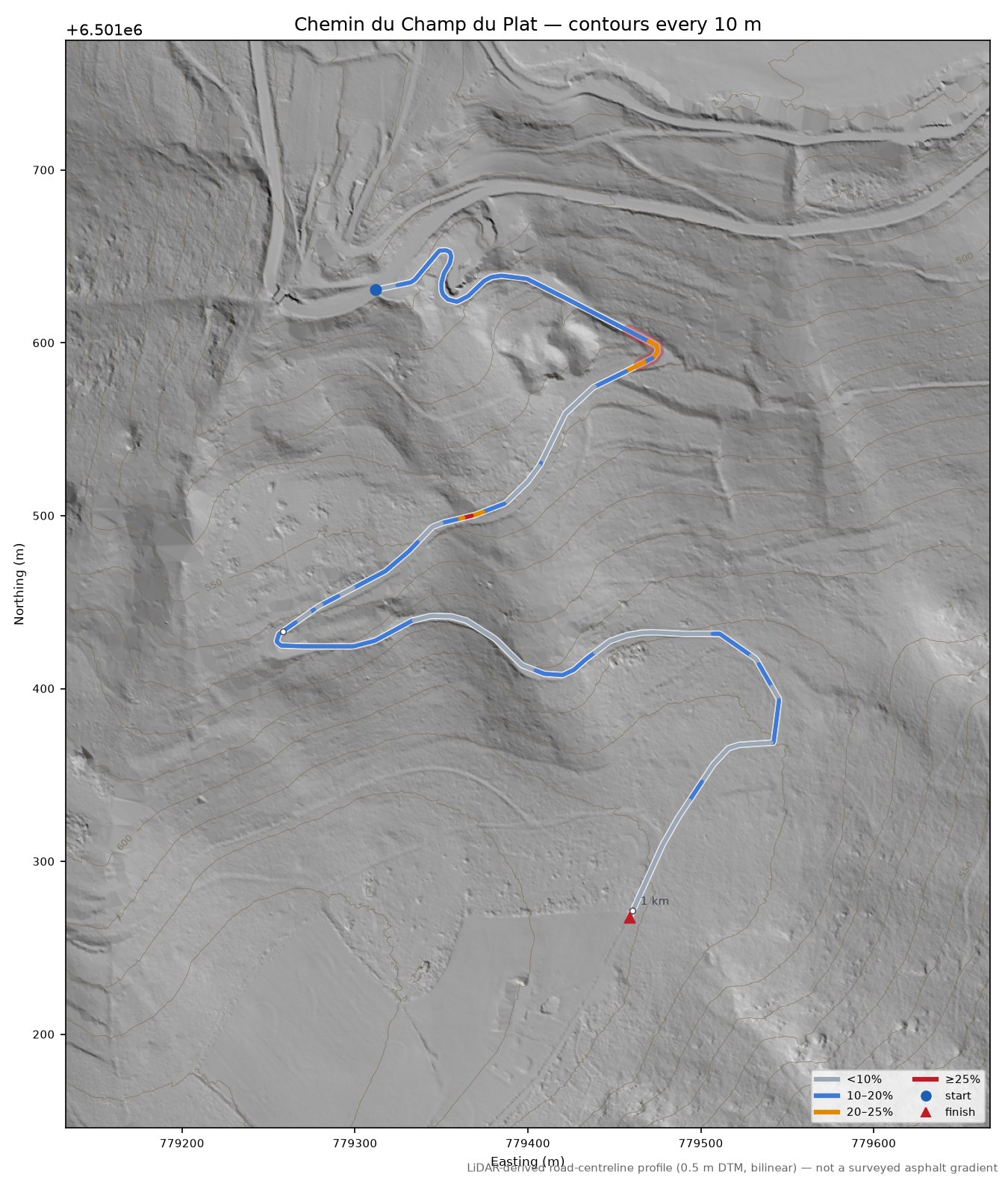 Chemin du Champ du Plat LiDAR hillshade map with contours
