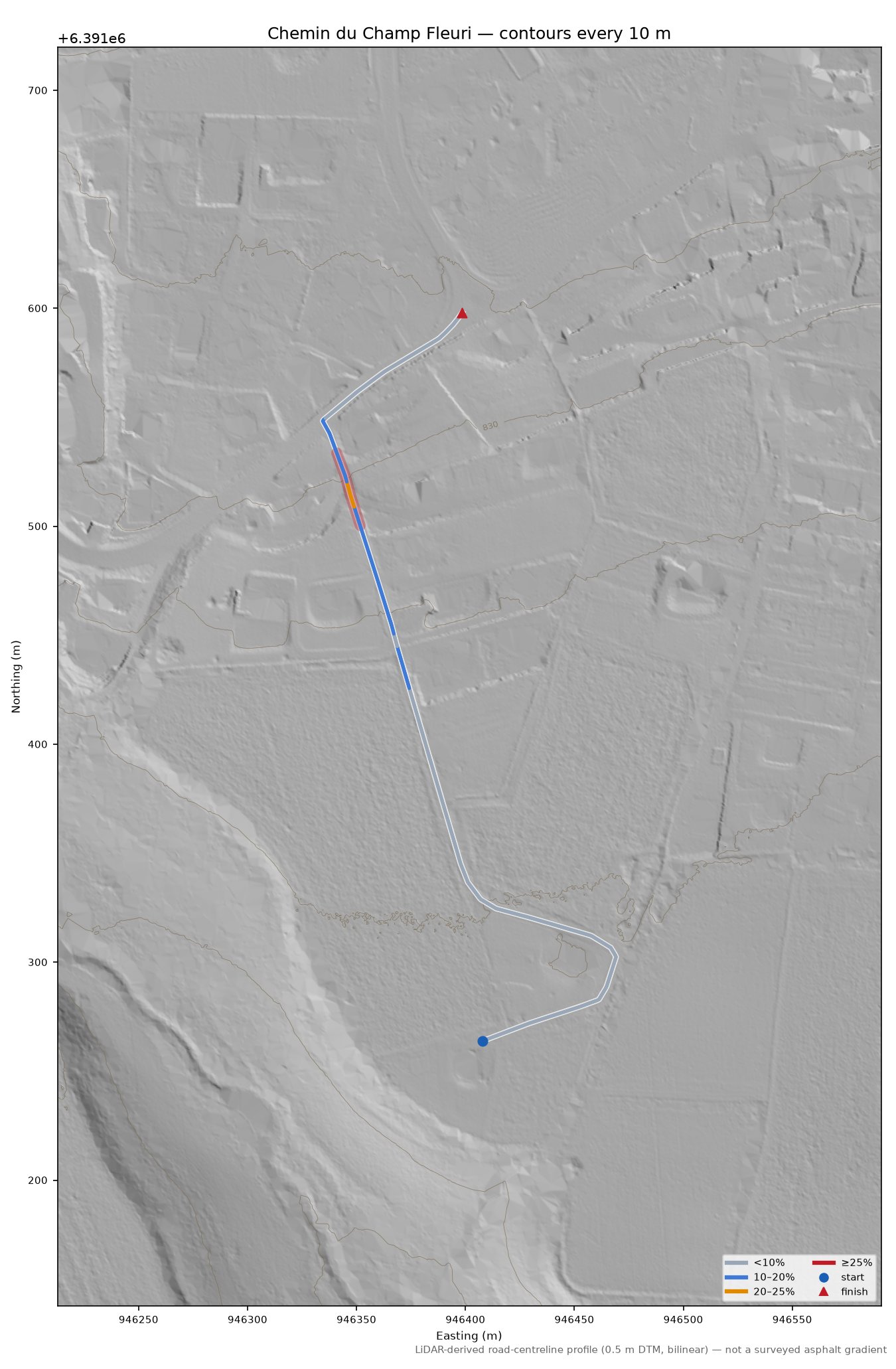 Chemin du Champ Fleuri LiDAR hillshade map with contours