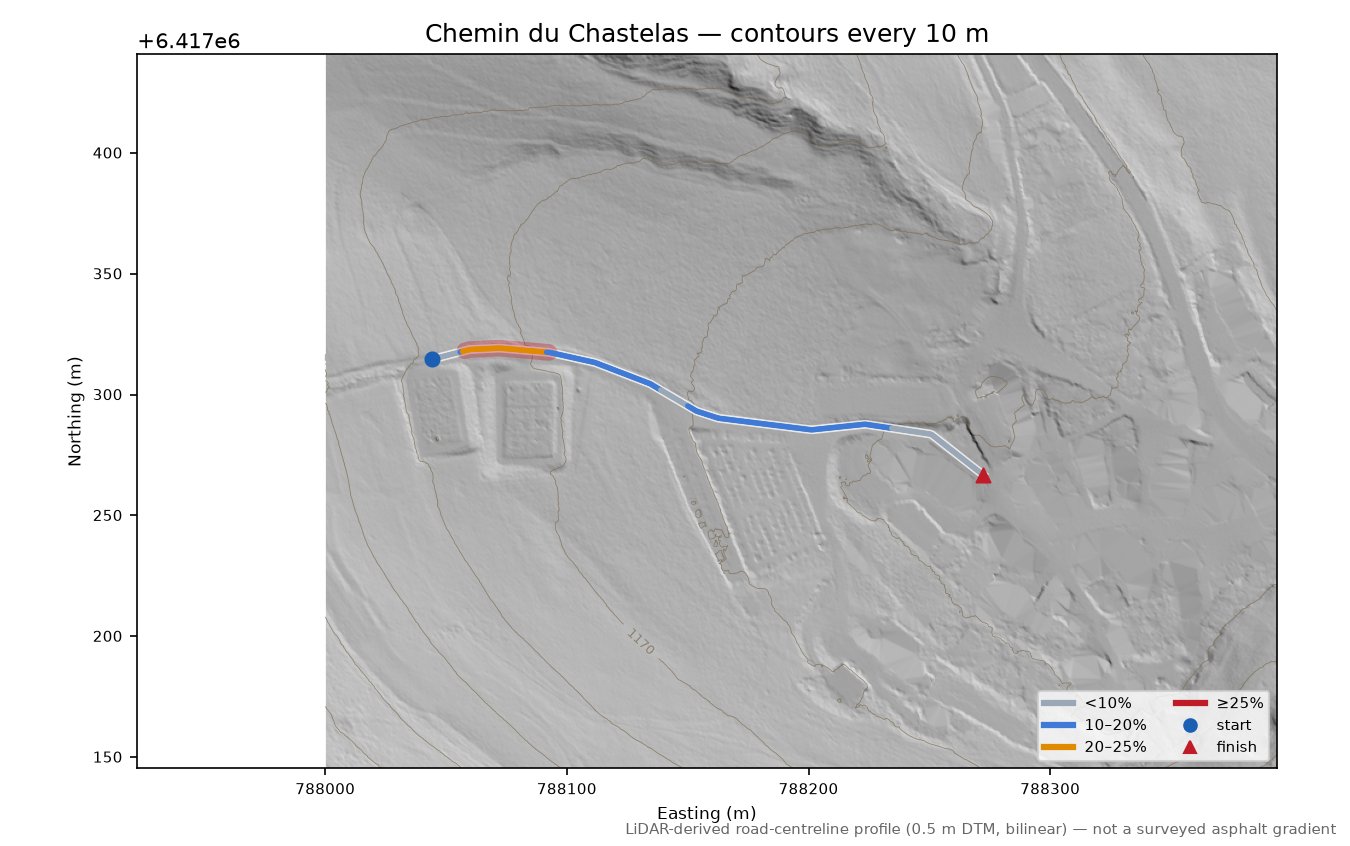 Chemin du Chastelas LiDAR hillshade map with contours