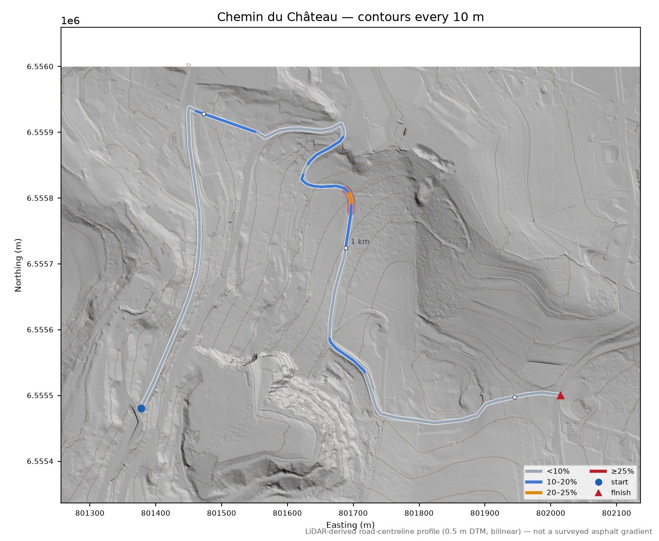 Chemin du Château LiDAR hillshade map with contours