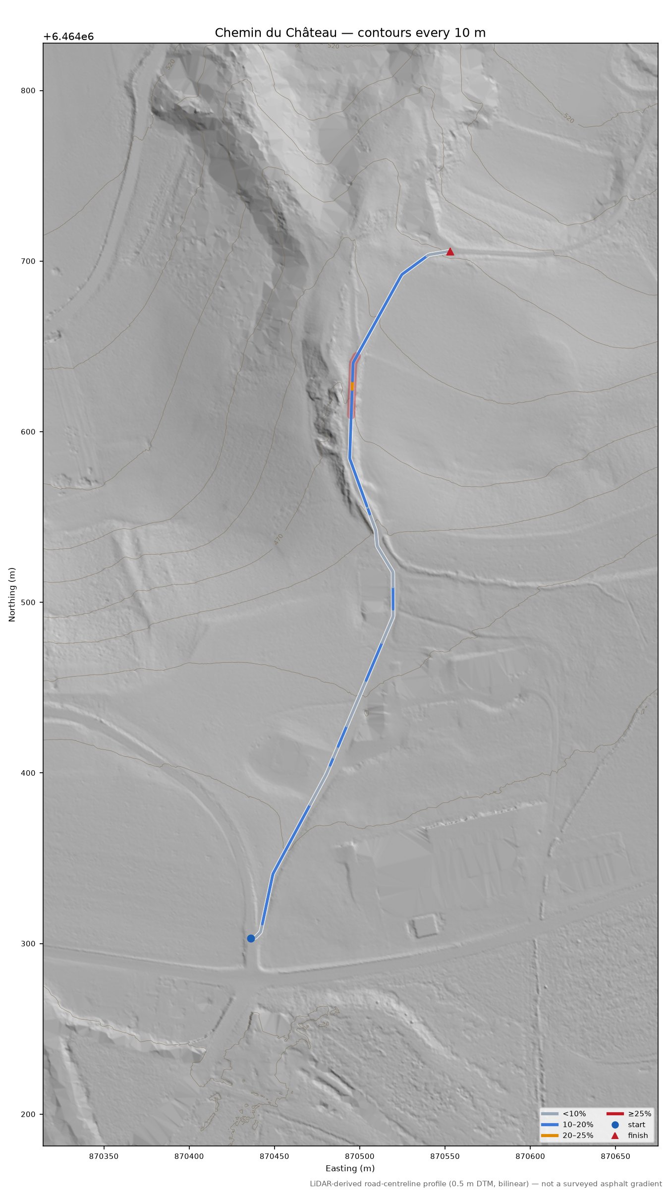 Chemin du Château LiDAR hillshade map with contours