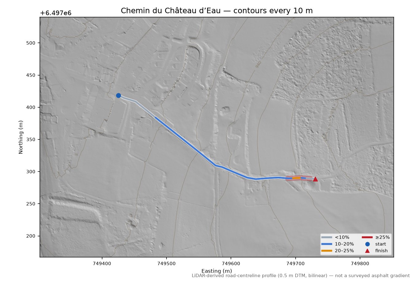 Chemin du Château d’Eau LiDAR hillshade map with contours