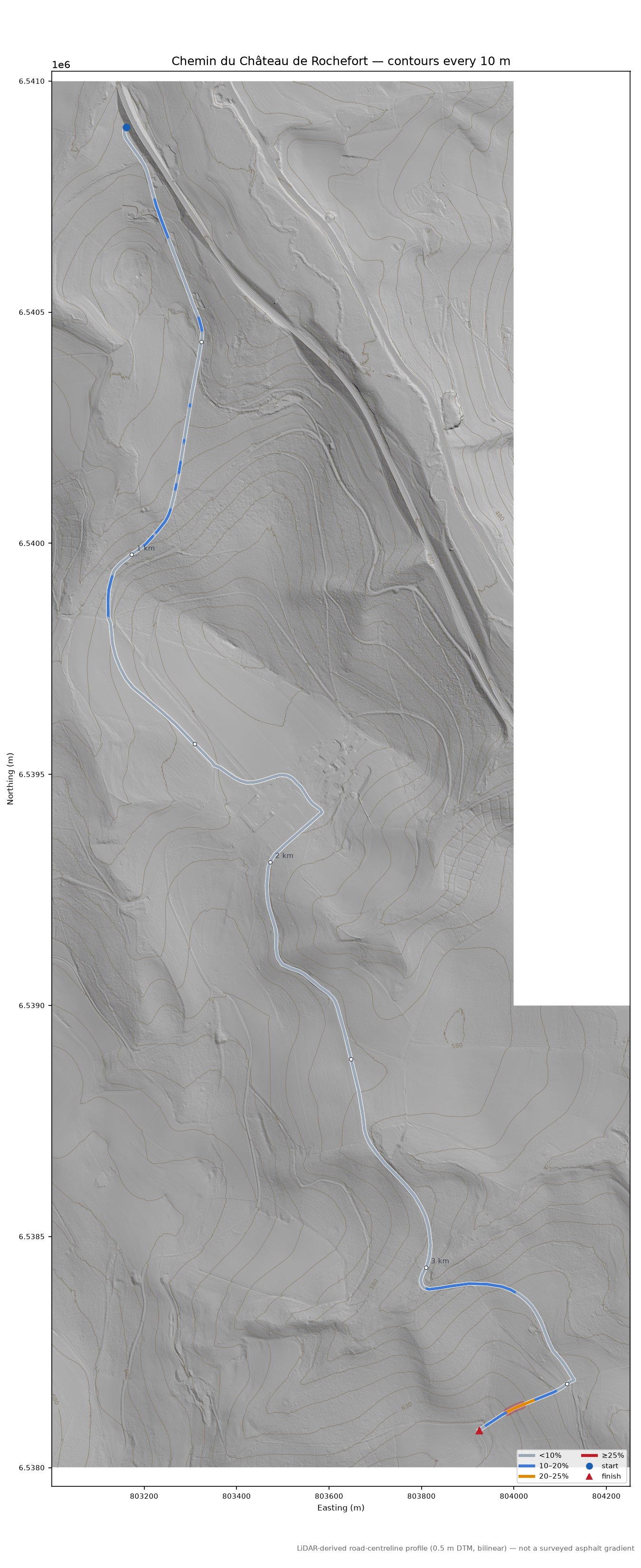 Chemin du Château de Rochefort LiDAR hillshade map with contours