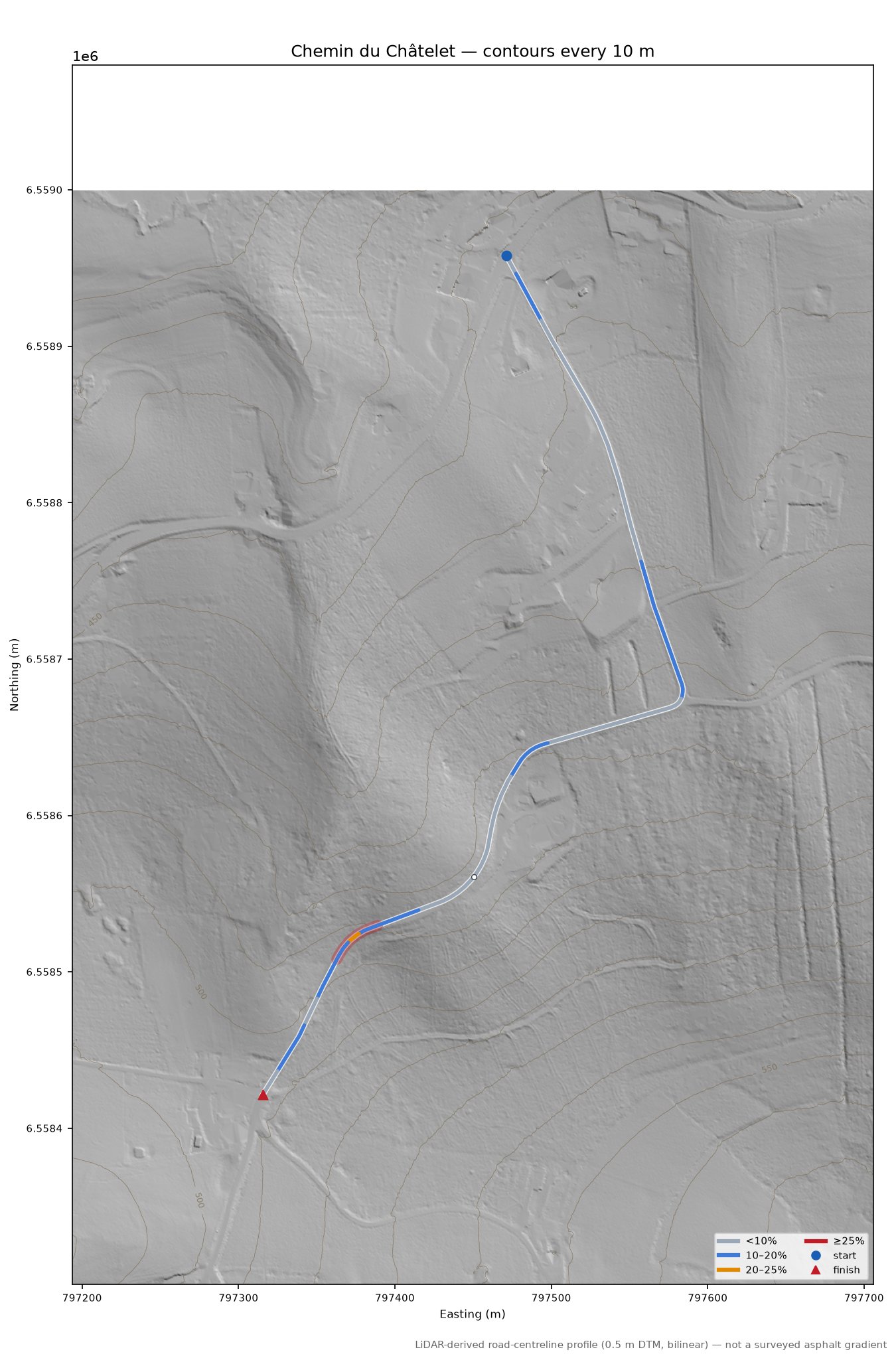 Chemin du Châtelet LiDAR hillshade map with contours