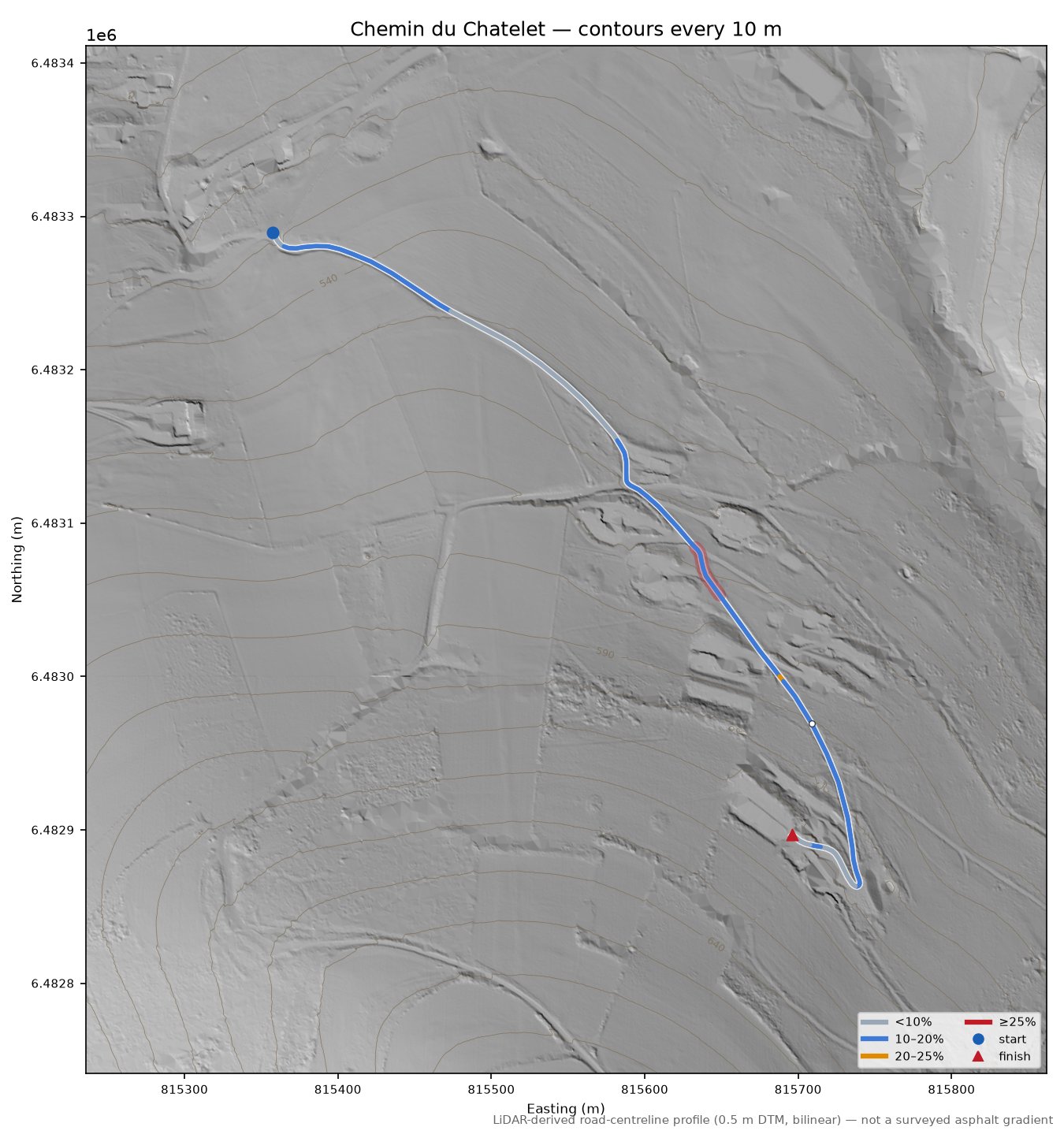 Chemin du Chatelet LiDAR hillshade map with contours