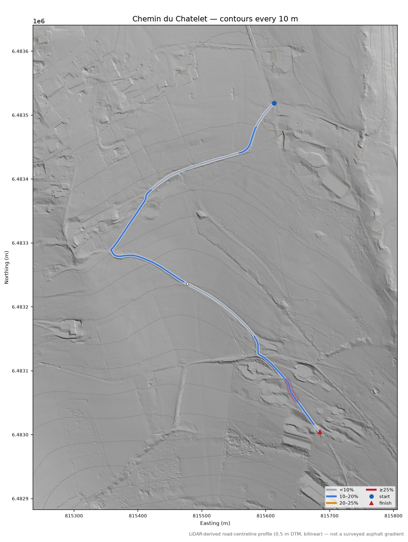 Chemin du Chatelet LiDAR hillshade map with contours
