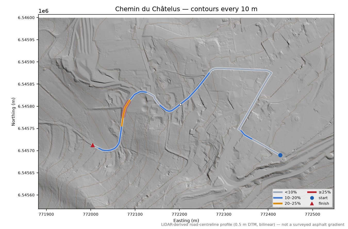 Chemin du Châtelus LiDAR hillshade map with contours